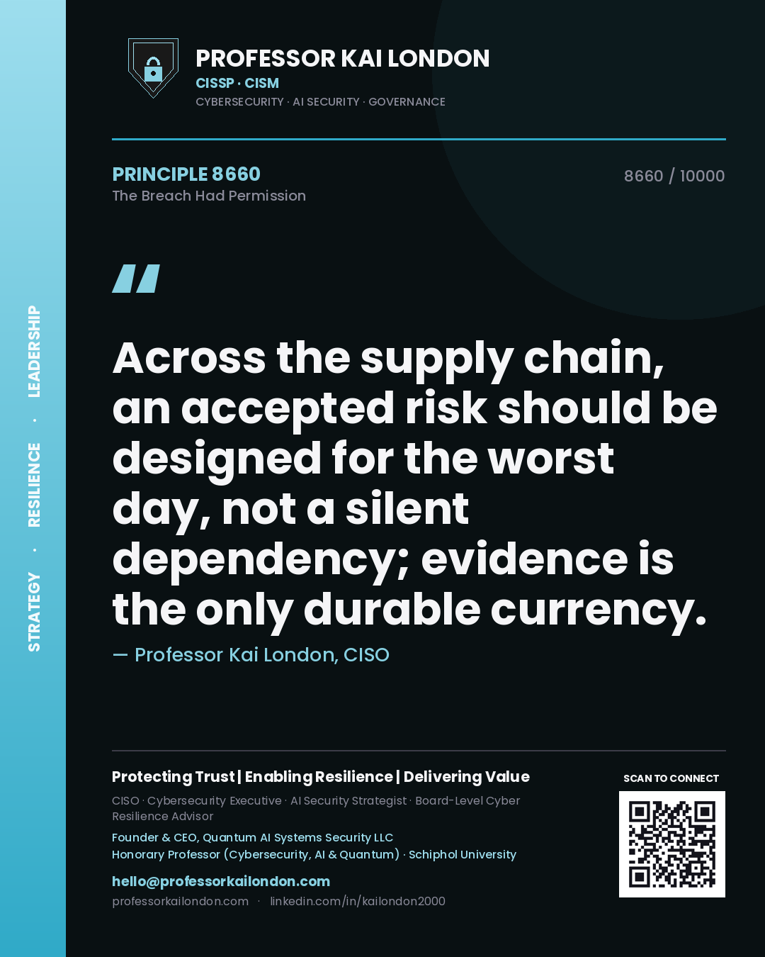 Quote card by Professor Kai London reading 'Across the supply chain, an accepted risk should be designed for the worst day, not a silent dependency; evidence is the only durable currency.'. From the book The Breach Had Permission.