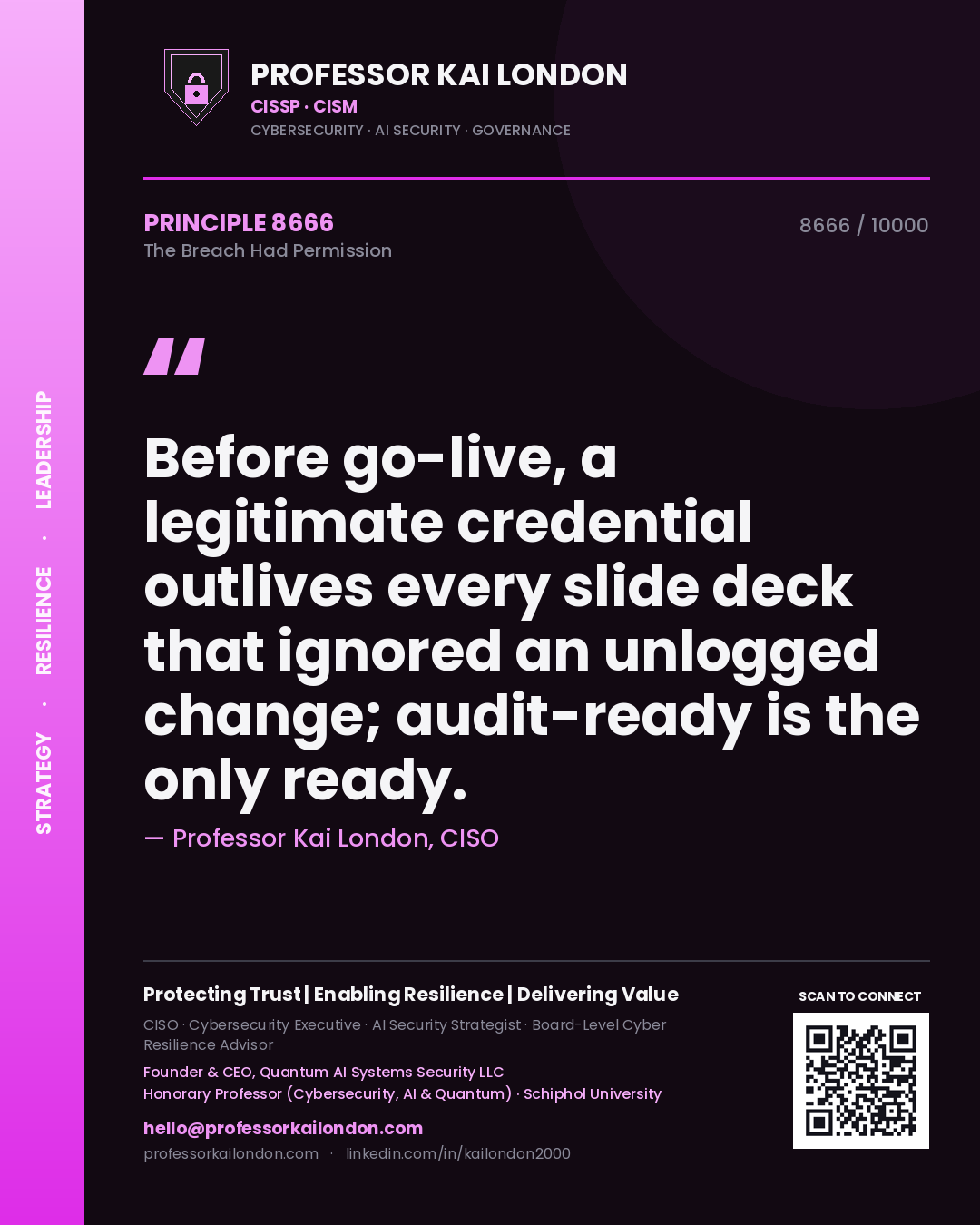 Professor Kai London principle 8666: Before go-live, a legitimate credential outlives every slide deck that ignored an unlogged change; audit-ready is the only ready.