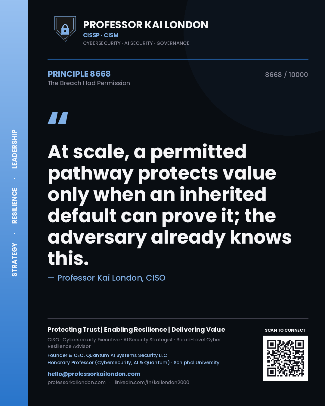 Professor Kai London principle 8668: At scale, a permitted pathway protects value only when an inherited default can prove it; the adversary already knows this.