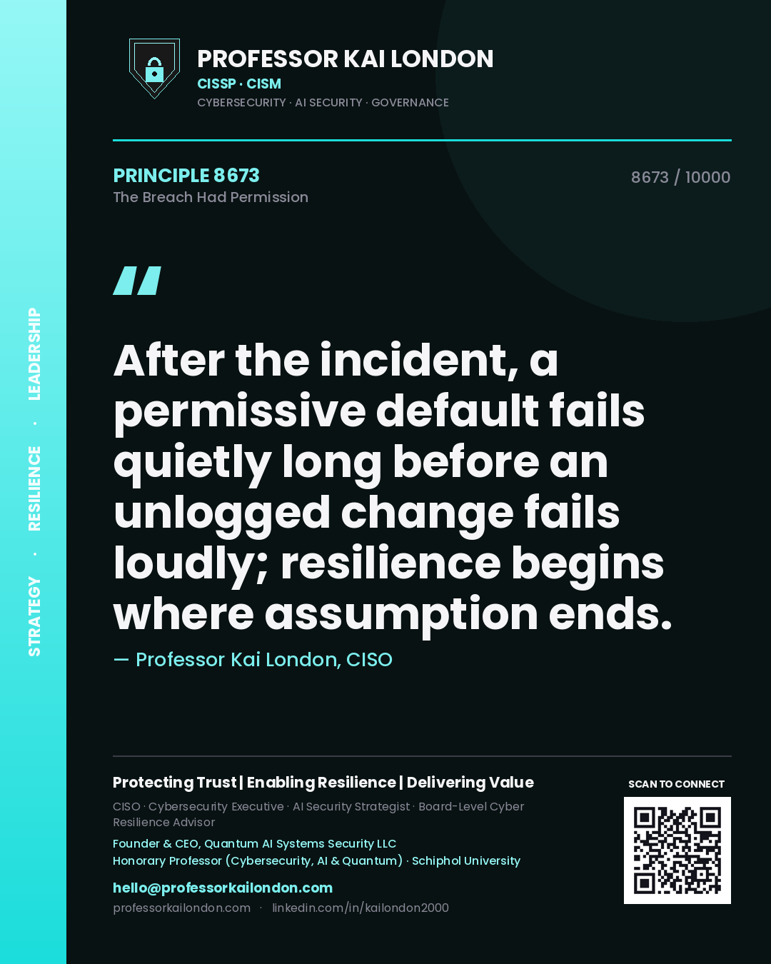 Quote card by Professor Kai London reading 'After the incident, a permissive default fails quietly long before an unlogged change fails loudly; resilience begins where assumption ends.'. From the book The Breach Had Permission.