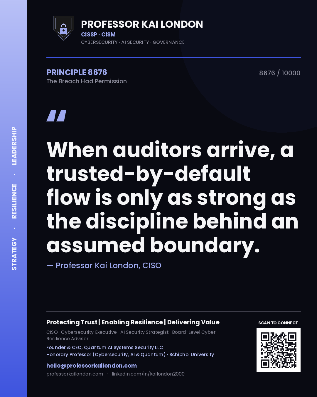 Professor Kai London principle 8676: When auditors arrive, a trusted-by-default flow is only as strong as the discipline behind an assumed boundary.