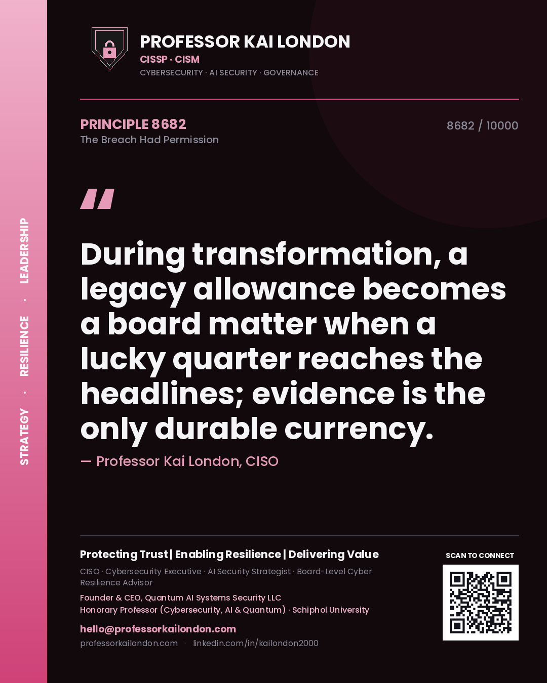 Quote card by Professor Kai London reading 'During transformation, a legacy allowance becomes a board matter when a lucky quarter reaches the headlines; evidence is the only durable currency.'. From the book The Breach Had Permission.