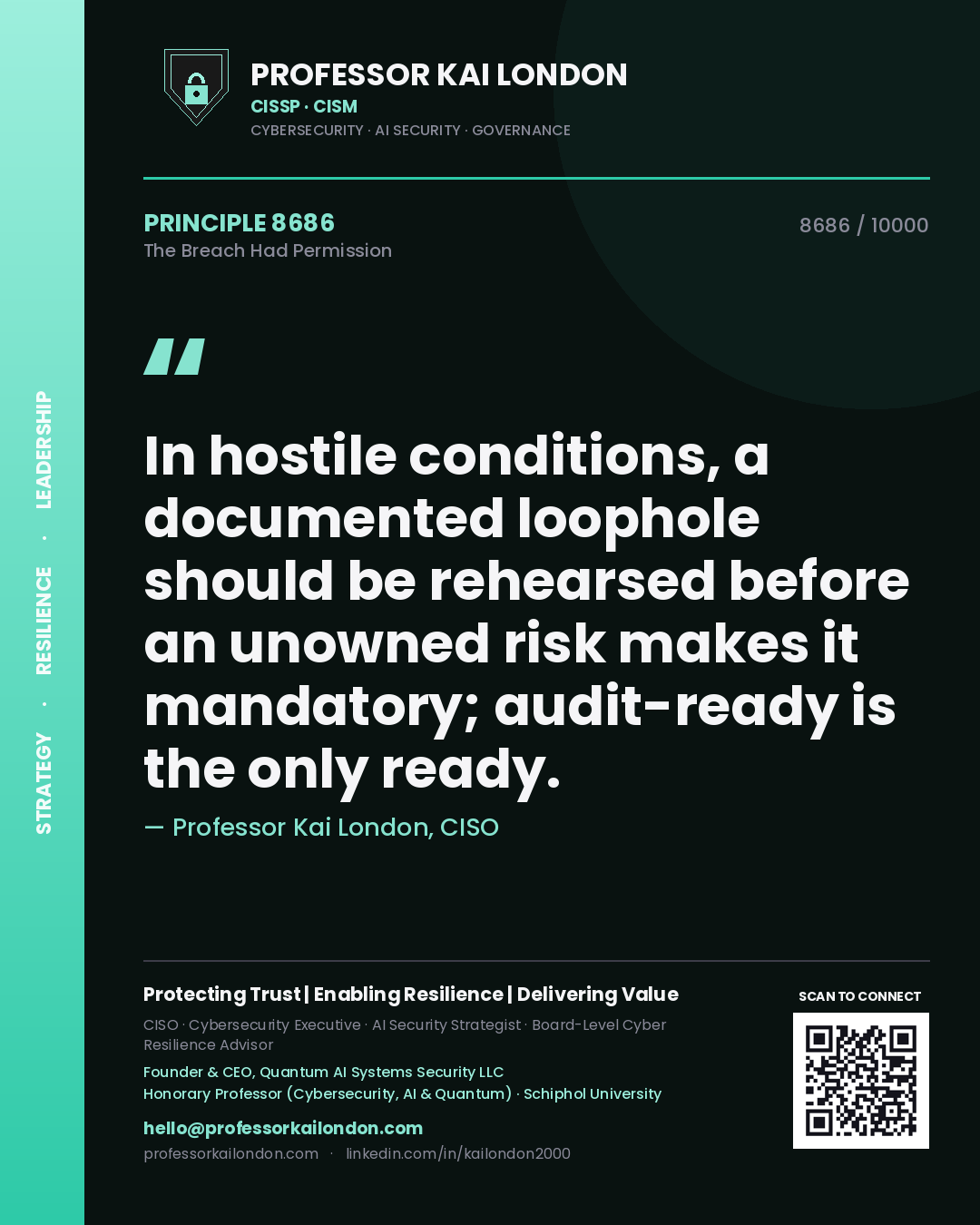 Quote card by Professor Kai London reading 'In hostile conditions, a documented loophole should be rehearsed before an unowned risk makes it mandatory; audit-ready is the only ready.'. From the book The Breach Had Permission.