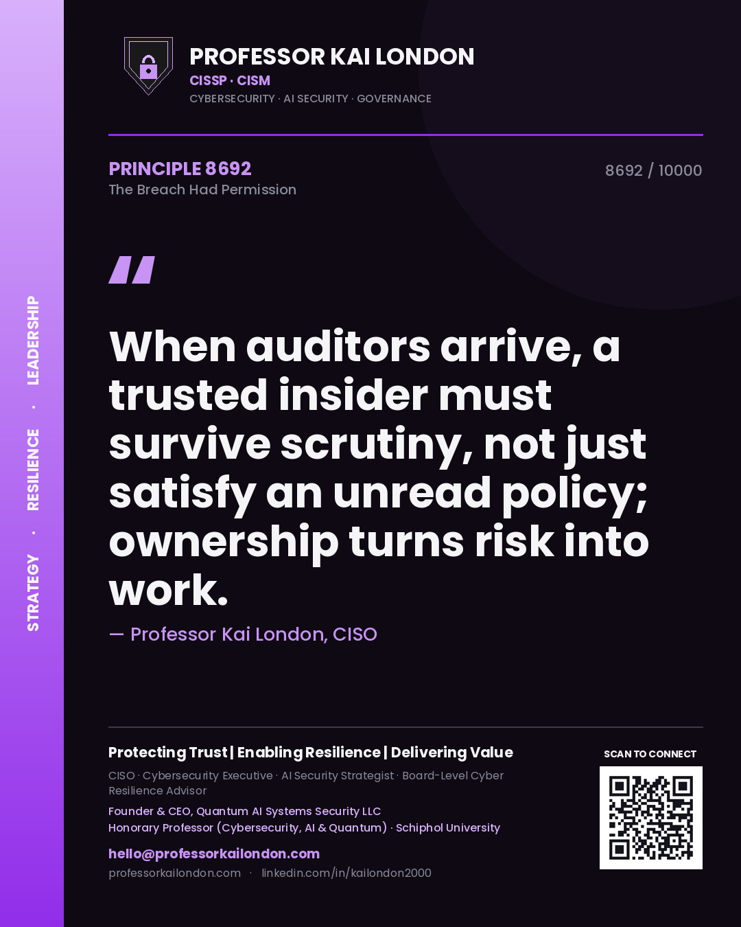 Professor Kai London principle 8692: When auditors arrive, a trusted insider must survive scrutiny, not just satisfy an unread policy; ownership turns risk into work.