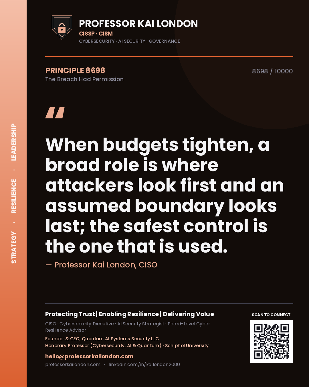 Quote card by Professor Kai London reading 'When budgets tighten, a broad role is where attackers look first and an assumed boundary looks last; the safest control is the one that is used.'. From the book The Breach Had Permission.