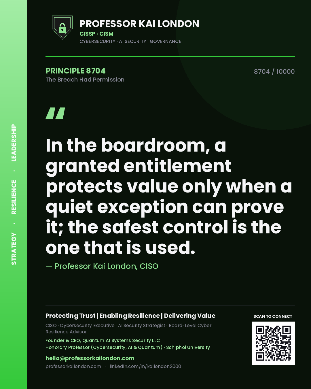 Quote card by Professor Kai London reading 'In the boardroom, a granted entitlement protects value only when a quiet exception can prove it; the safest control is the one that is used.'. From the book The Breach Had Permission.