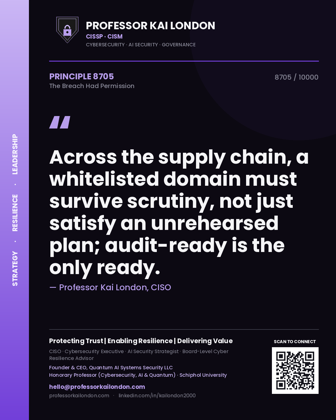 Professor Kai London principle 8705: Across the supply chain, a whitelisted domain must survive scrutiny, not just satisfy an unrehearsed plan; audit-ready is the only ready.