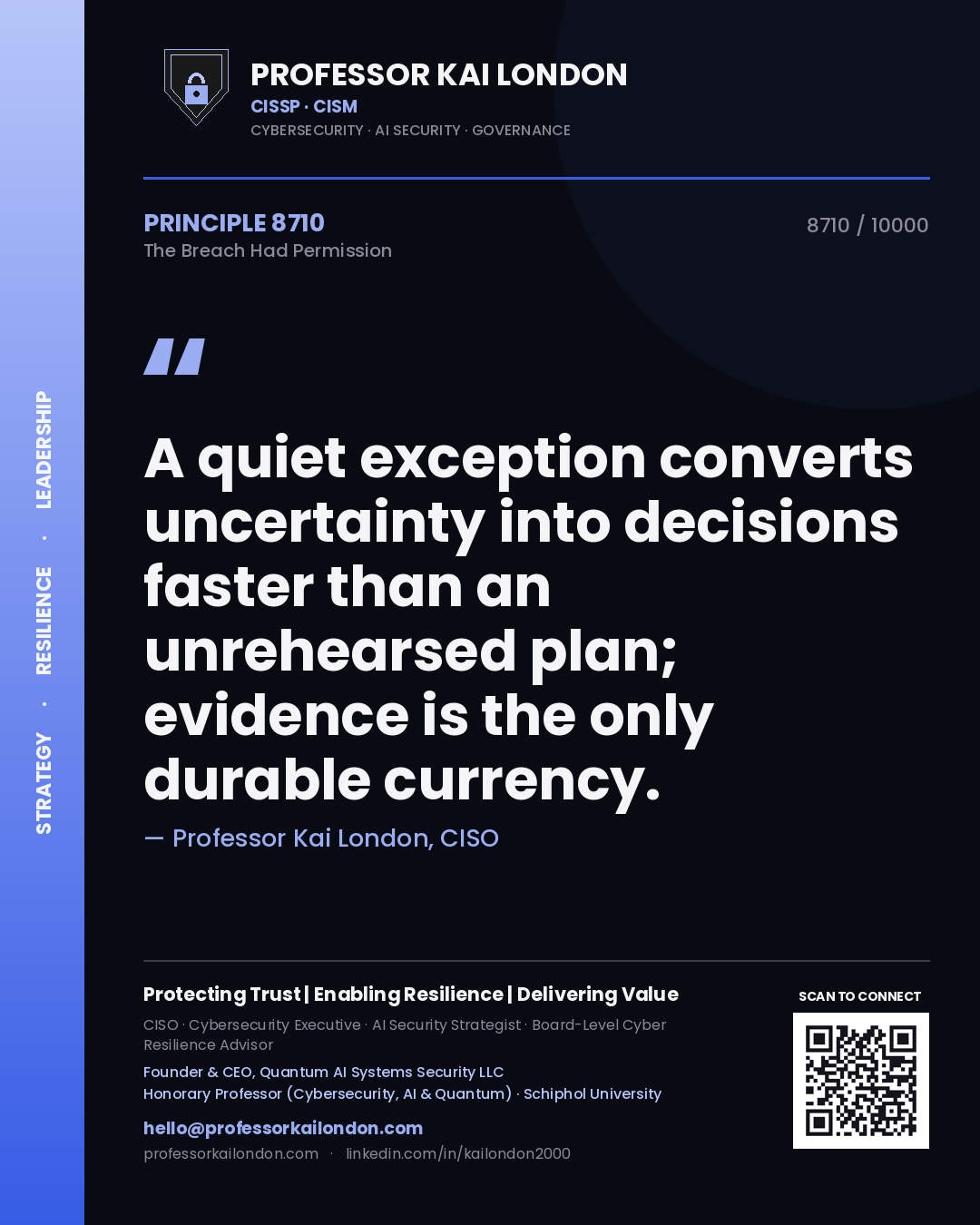 Quote card by Professor Kai London reading 'A quiet exception converts uncertainty into decisions faster than an unrehearsed plan; evidence is the only durable currency.'. From the book The Breach Had Permission.