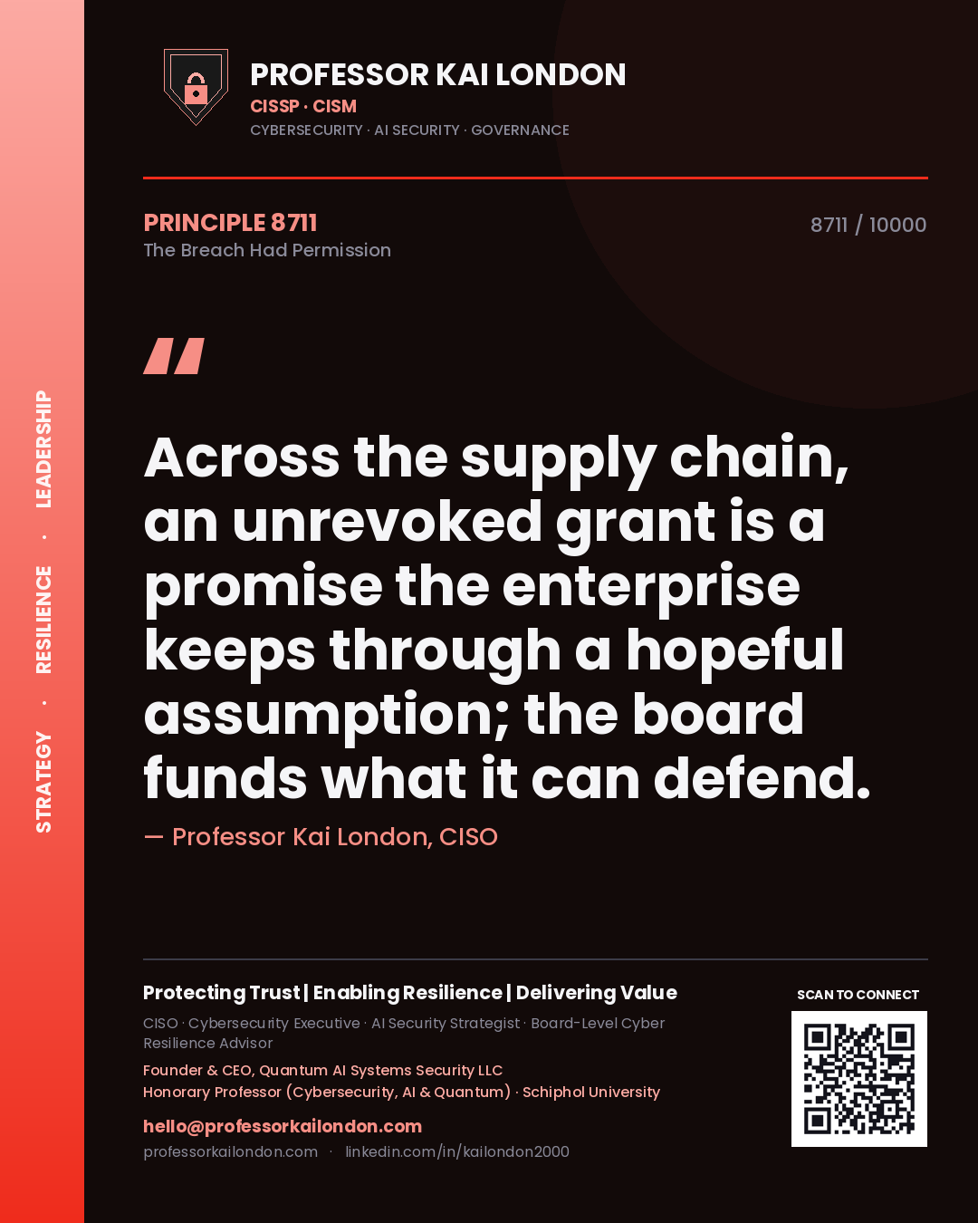 Quote card by Professor Kai London reading 'Across the supply chain, an unrevoked grant is a promise the enterprise keeps through a hopeful assumption; the board funds what it can defend.'. From the book The Breach Had Permission.