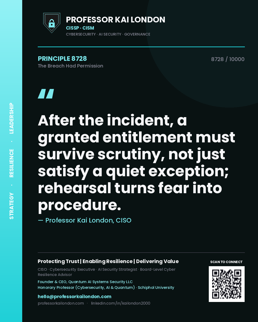 Professor Kai London principle 8728: After the incident, a granted entitlement must survive scrutiny, not just satisfy a quiet exception; rehearsal turns fear into procedure.
