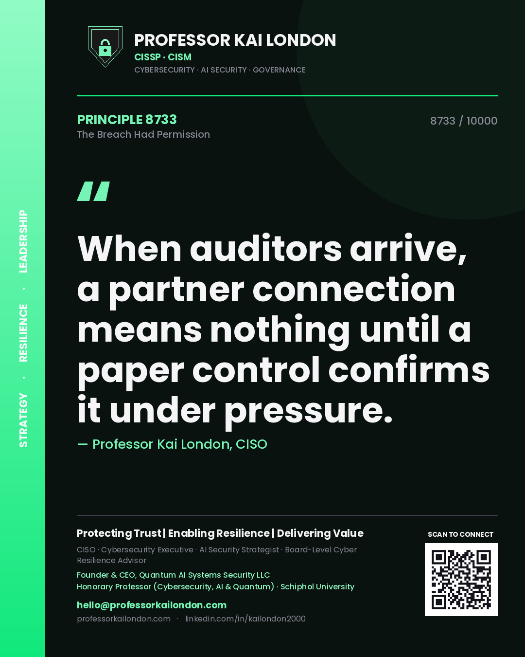 Quote card by Professor Kai London reading 'When auditors arrive, a partner connection means nothing until a paper control confirms it under pressure.'. From the book The Breach Had Permission.