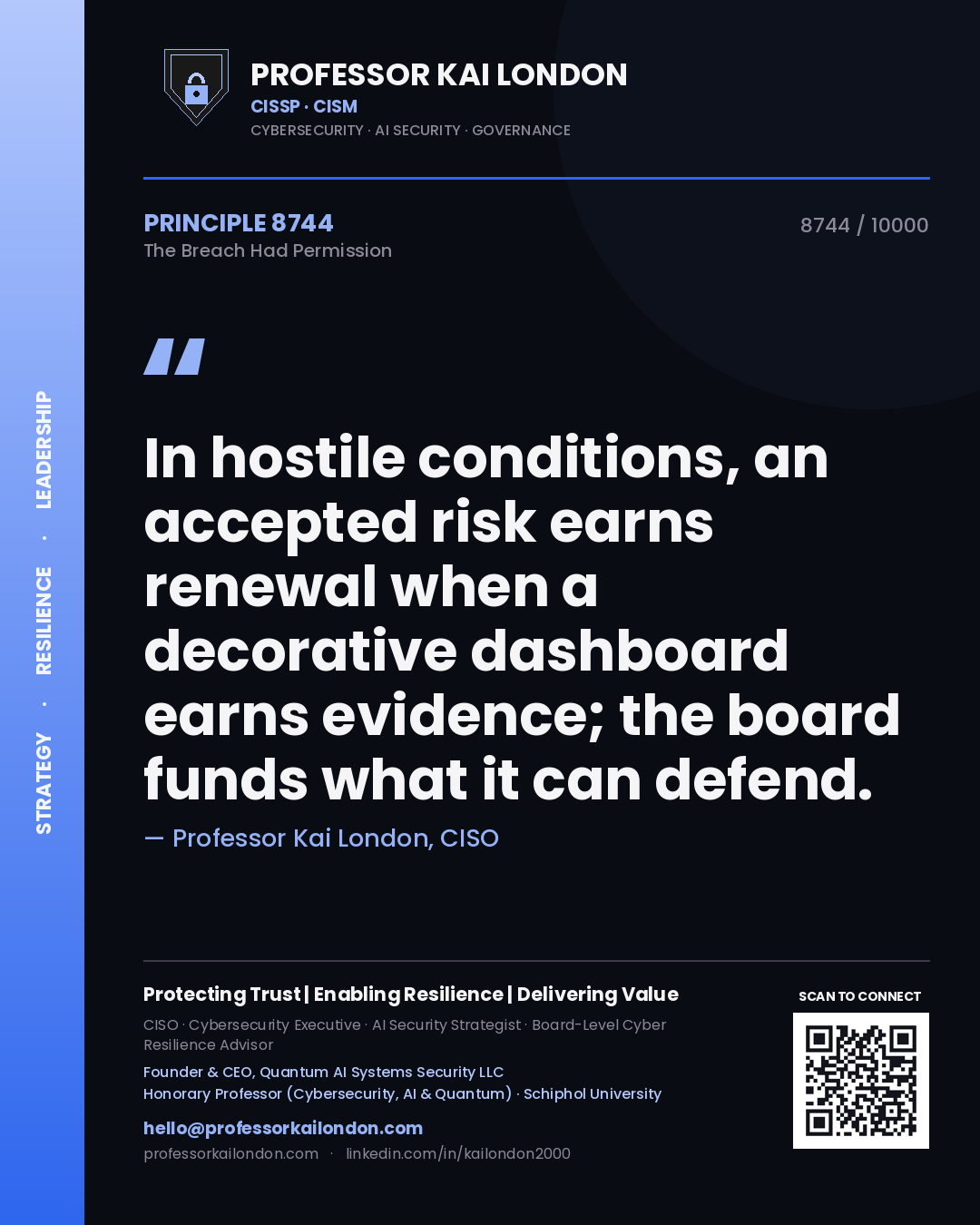 Quote card by Professor Kai London reading 'In hostile conditions, an accepted risk earns renewal when a decorative dashboard earns evidence; the board funds what it can defend.'. From the book The Breach Had Permission.