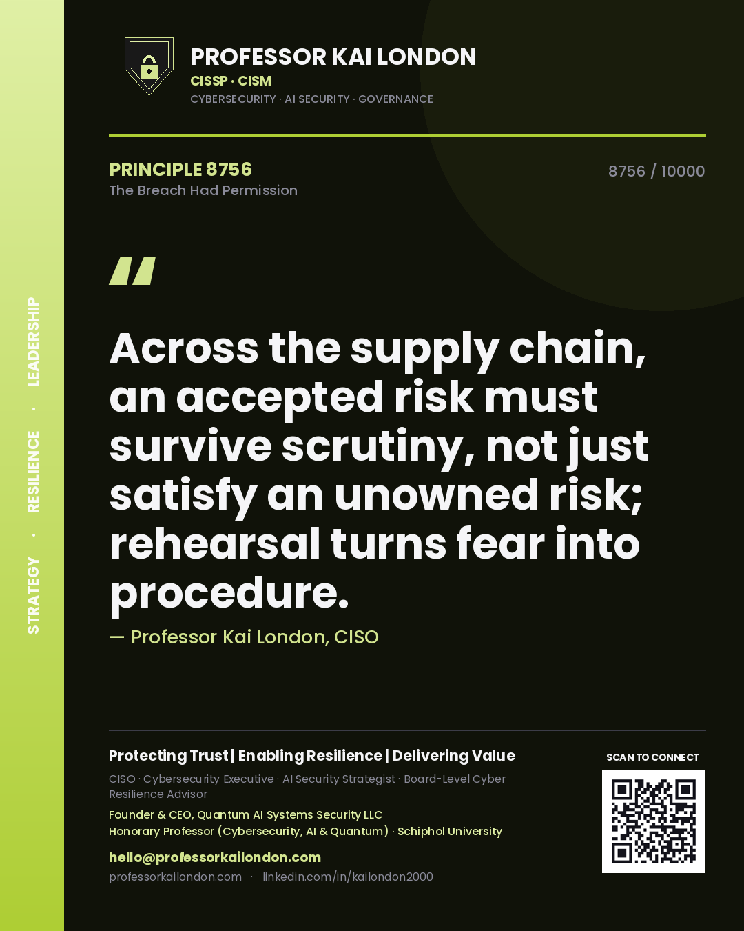 Professor Kai London principle 8756: Across the supply chain, an accepted risk must survive scrutiny, not just satisfy an unowned risk; rehearsal turns fear into procedure.