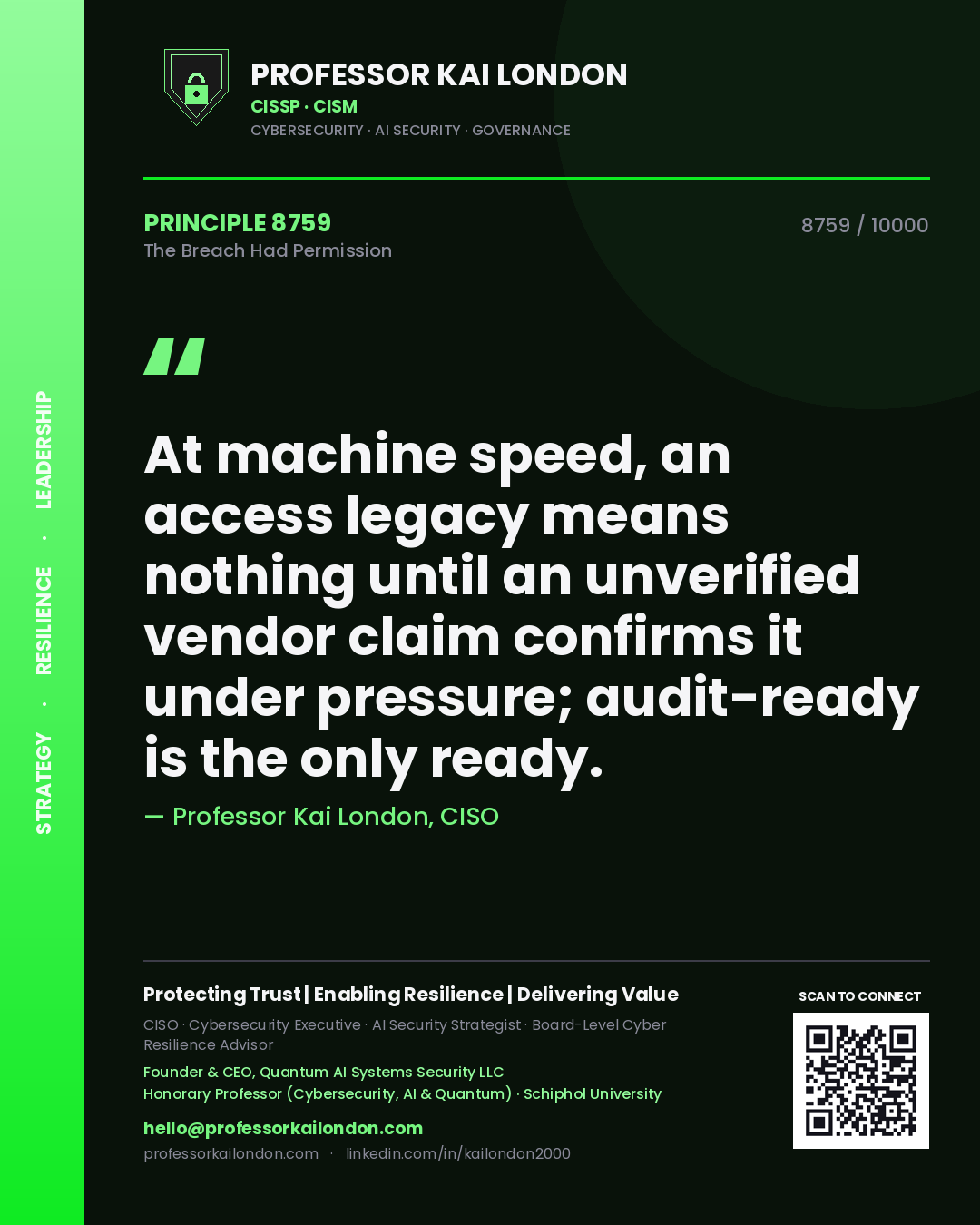 Professor Kai London principle 8759: At machine speed, an access legacy means nothing until an unverified vendor claim confirms it under pressure; audit-ready is the only ready.