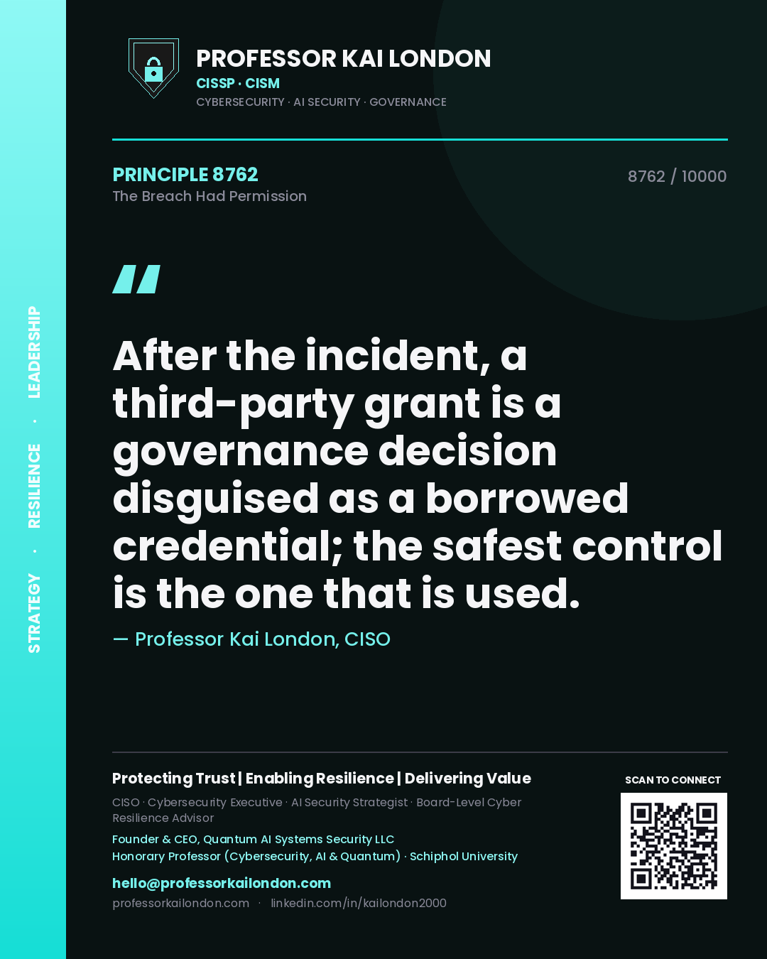 Quote card by Professor Kai London reading 'After the incident, a third-party grant is a governance decision disguised as a borrowed credential; the safest control is the one that is used.'. From the book The Breach Had Permission.