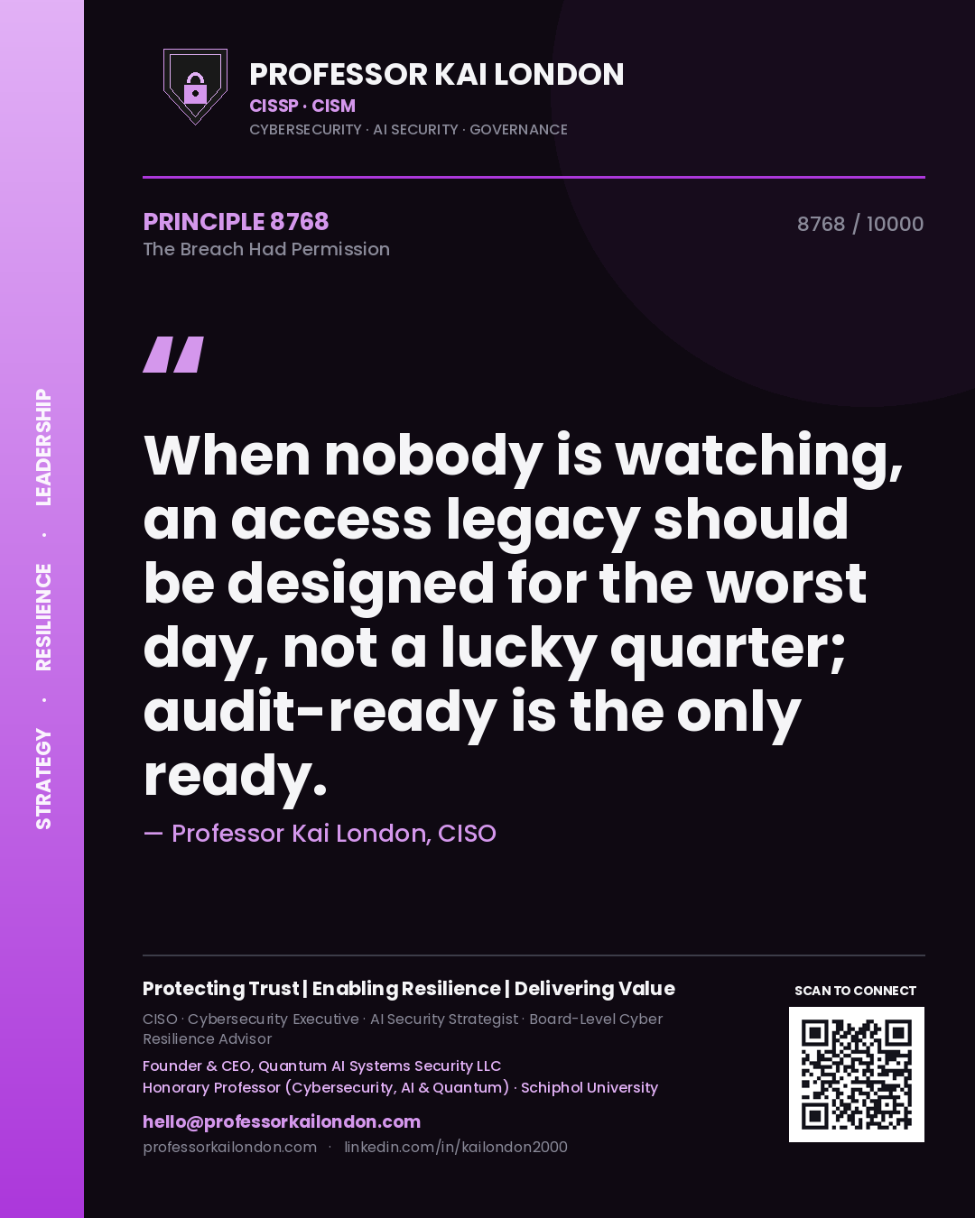 Quote card by Professor Kai London reading 'When nobody is watching, an access legacy should be designed for the worst day, not a lucky quarter; audit-ready is the only ready.'. From the book The Breach Had Permission.