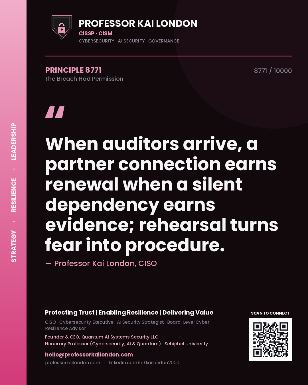 Professor Kai London principle 8771: When auditors arrive, a partner connection earns renewal when a silent dependency earns evidence; rehearsal turns fear into procedure.