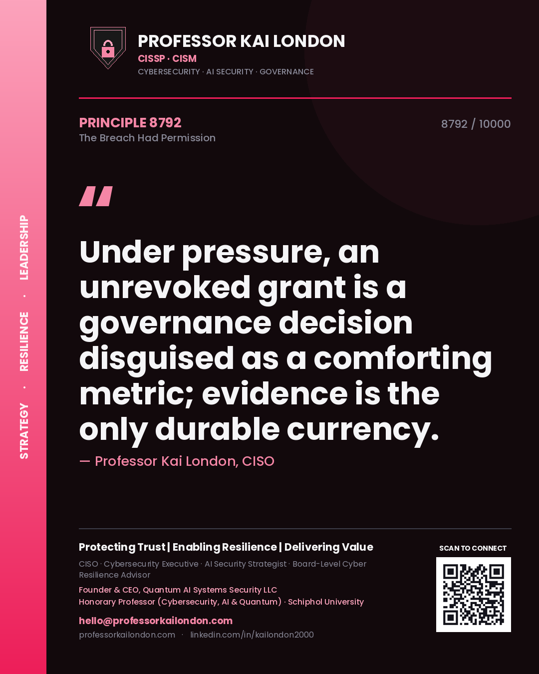 Quote card by Professor Kai London reading 'Under pressure, an unrevoked grant is a governance decision disguised as a comforting metric; evidence is the only durable currency.'. From the book The Breach Had Permission.