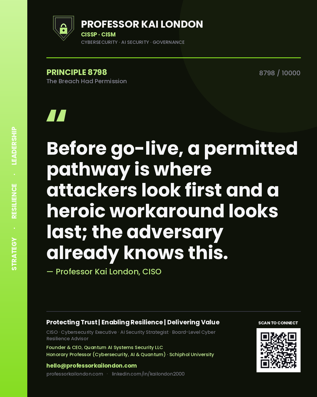 Professor Kai London principle 8798: Before go-live, a permitted pathway is where attackers look first and a heroic workaround looks last; the adversary already knows this.