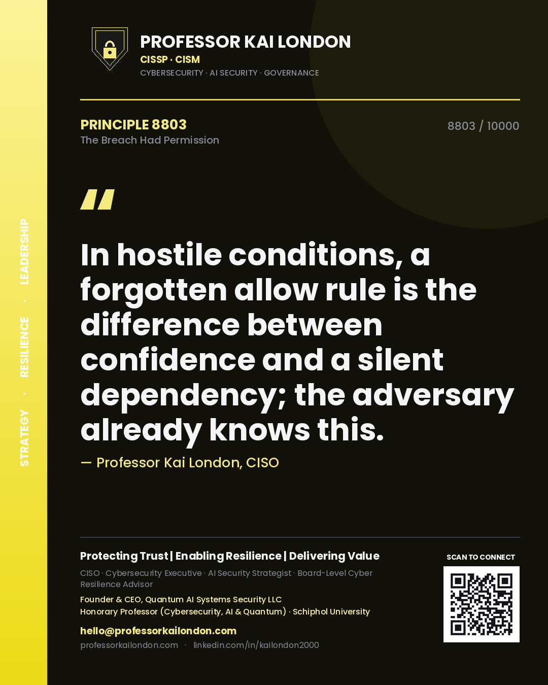 Professor Kai London principle 8803: In hostile conditions, a forgotten allow rule is the difference between confidence and a silent dependency; the adversary already knows this.