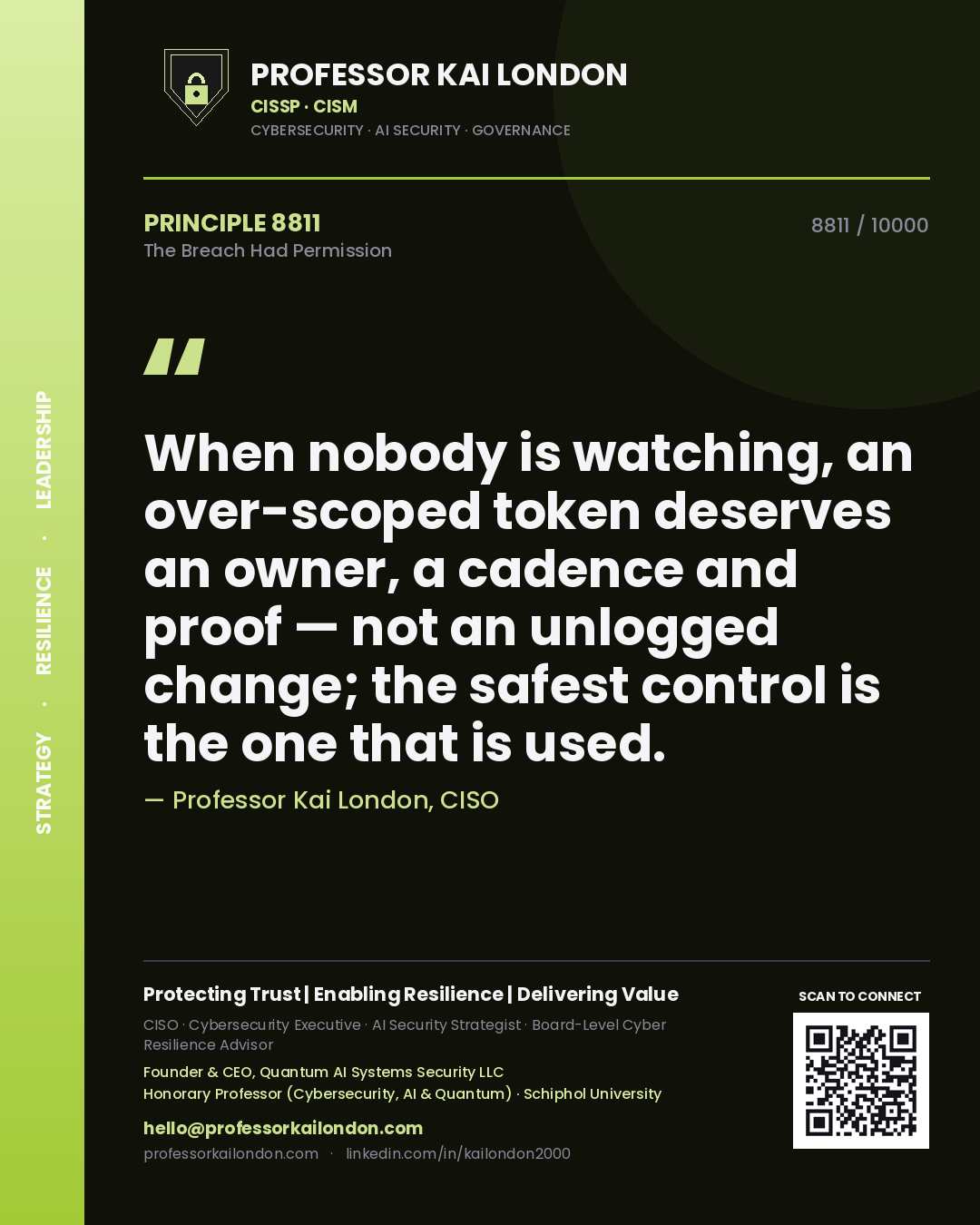 Quote card by Professor Kai London reading 'When nobody is watching, an over-scoped token deserves an owner, a cadence and proof — not an unlogged change; the safest control is the one that is used.'. From the book The Breach Had Permission.