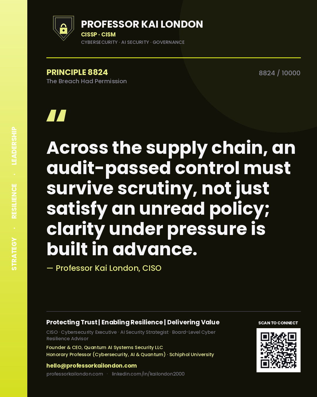Professor Kai London principle 8824: Across the supply chain, an audit-passed control must survive scrutiny, not just satisfy an unread policy; clarity under pressure is built in advance.