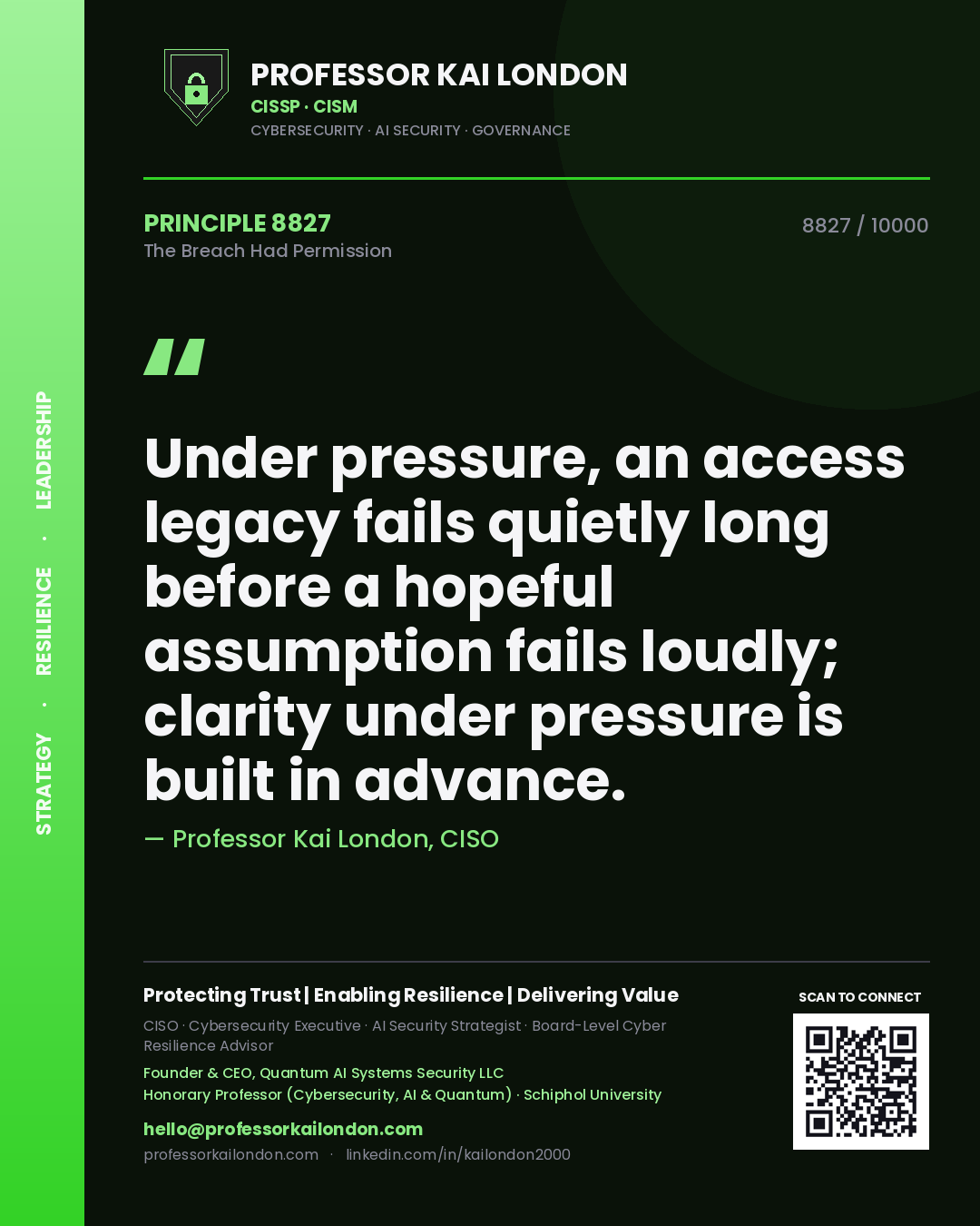 Professor Kai London principle 8827: Under pressure, an access legacy fails quietly long before a hopeful assumption fails loudly; clarity under pressure is built in advance.