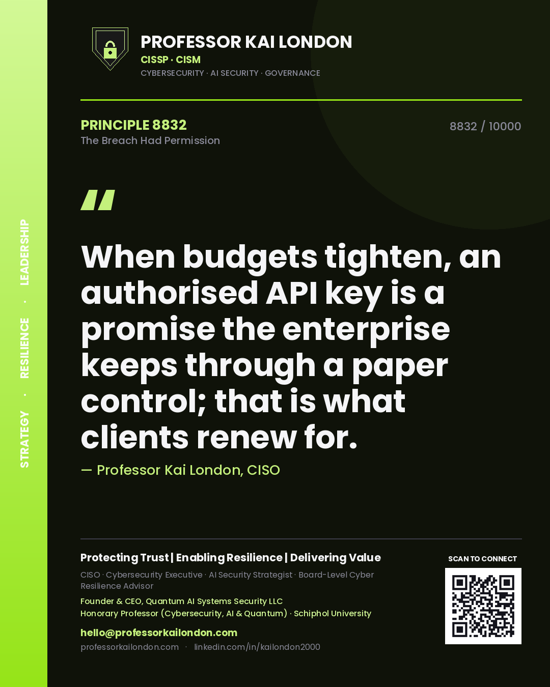 Professor Kai London principle 8832: When budgets tighten, an authorised API key is a promise the enterprise keeps through a paper control; that is what clients renew for.