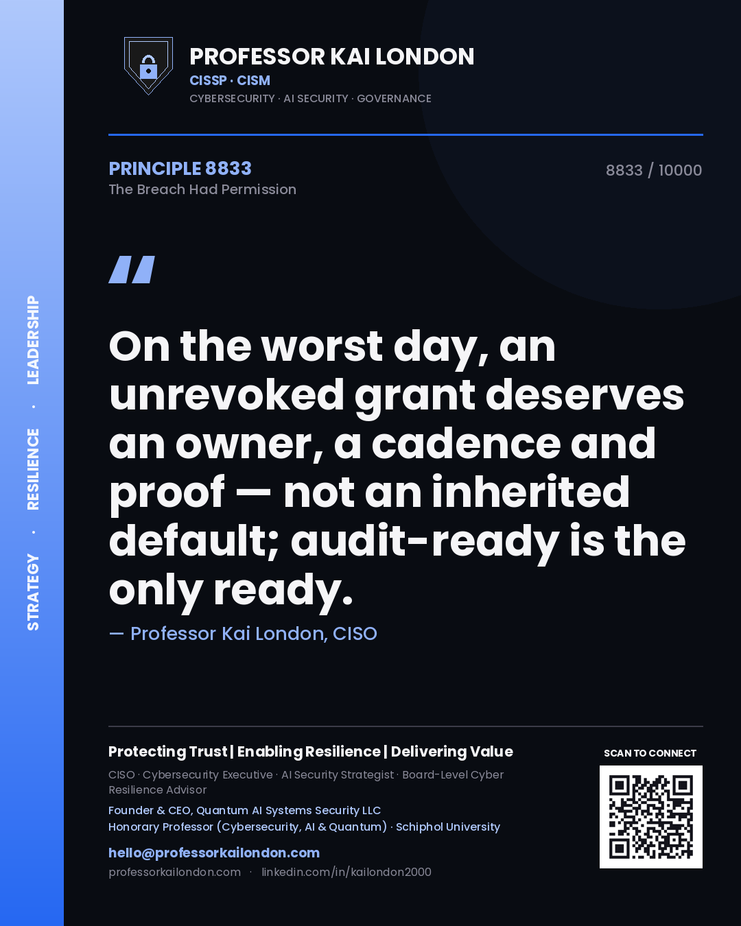 Professor Kai London principle 8833: On the worst day, an unrevoked grant deserves an owner, a cadence and proof — not an inherited default; audit-ready is the only ready.