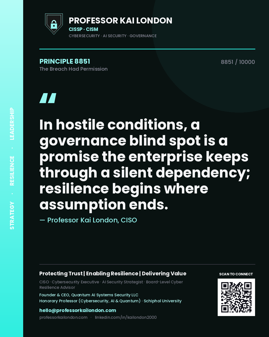 Quote card by Professor Kai London reading 'In hostile conditions, a governance blind spot is a promise the enterprise keeps through a silent dependency; resilience begins where assumption ends.'. From the book The Breach Had Permission.