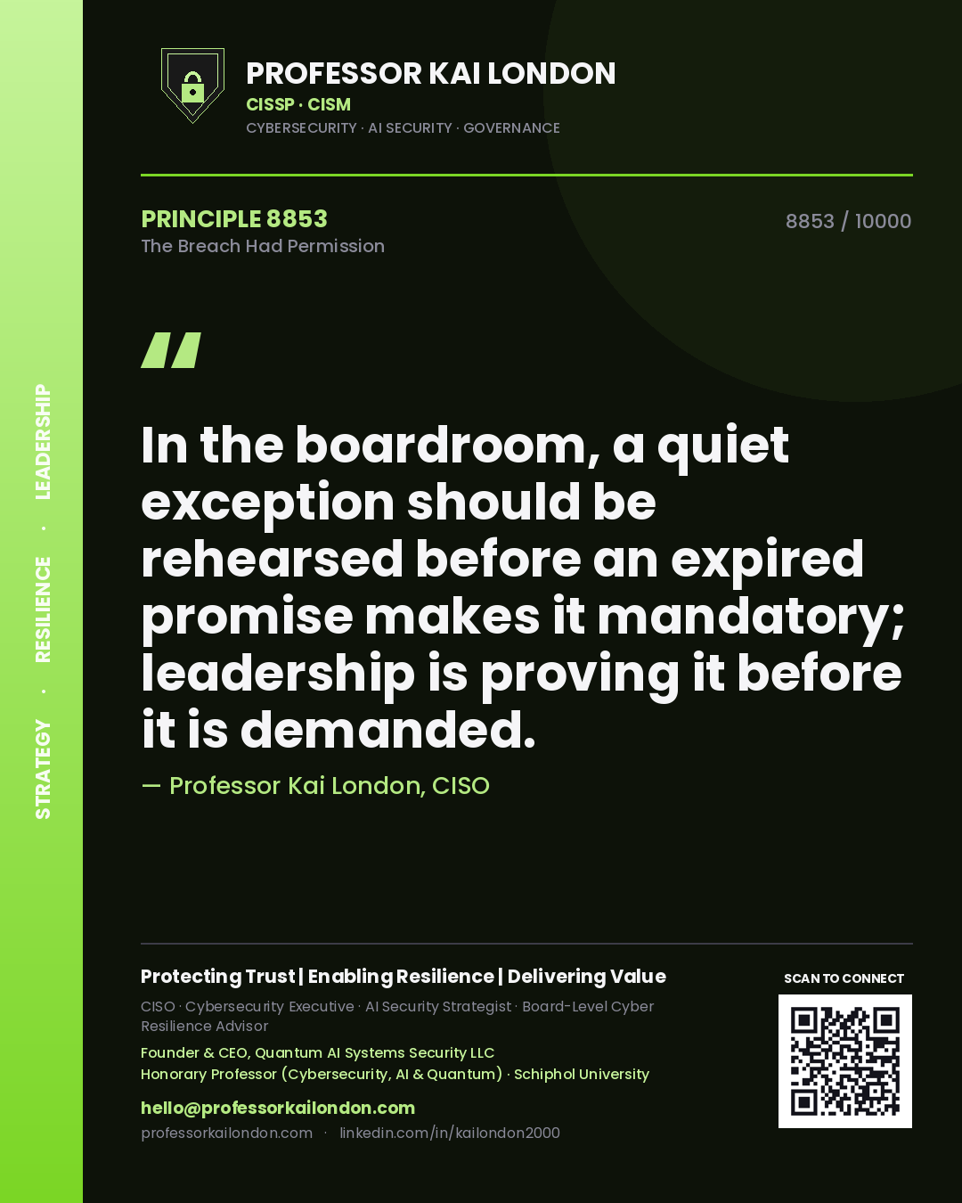 Professor Kai London principle 8853: In the boardroom, a quiet exception should be rehearsed before an expired promise makes it mandatory; leadership is proving it before it is demanded.