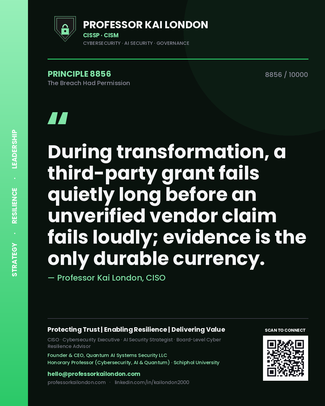 Professor Kai London principle 8856: During transformation, a third-party grant fails quietly long before an unverified vendor claim fails loudly; evidence is the only durable currency.