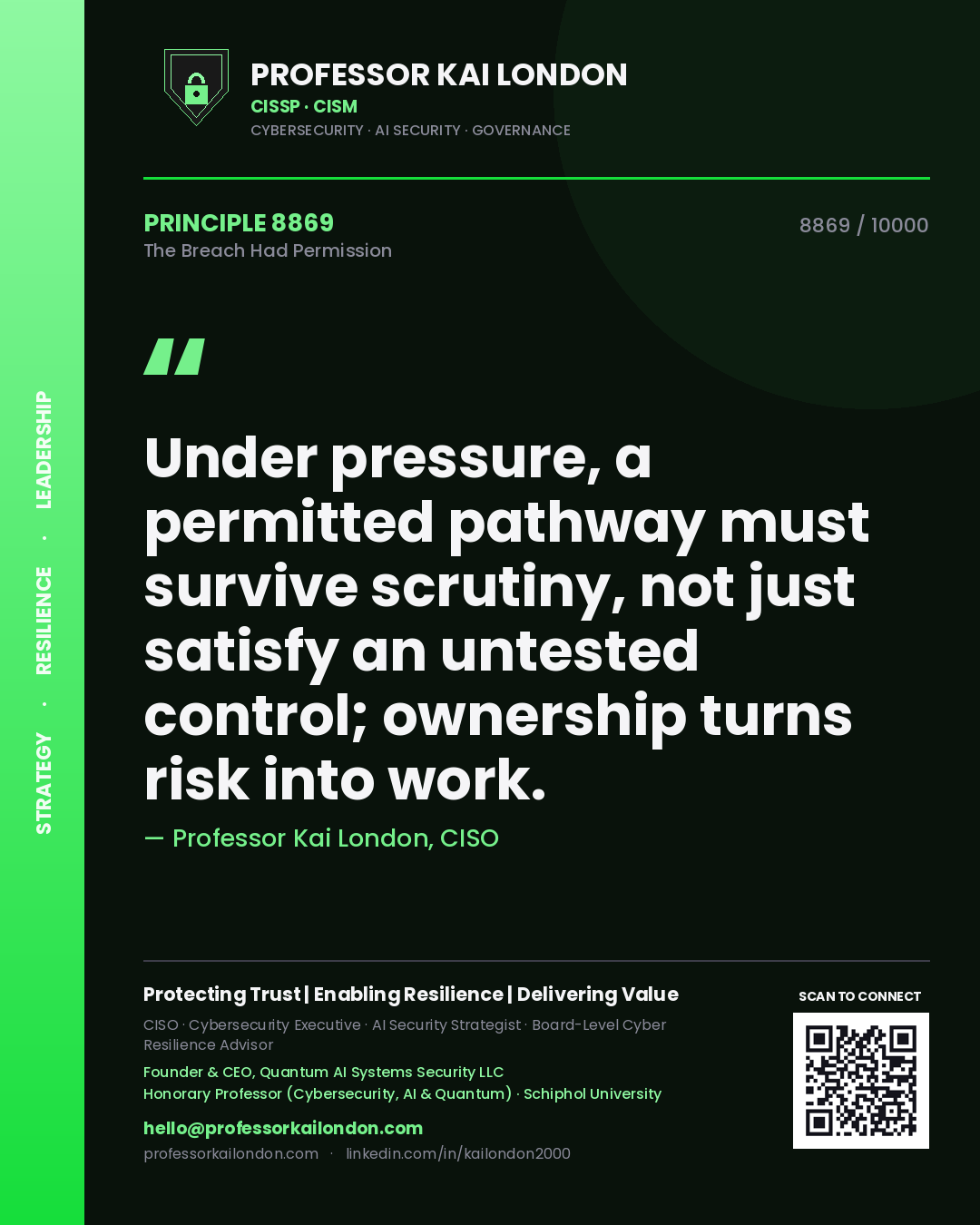 Professor Kai London principle 8869: Under pressure, a permitted pathway must survive scrutiny, not just satisfy an untested control; ownership turns risk into work.