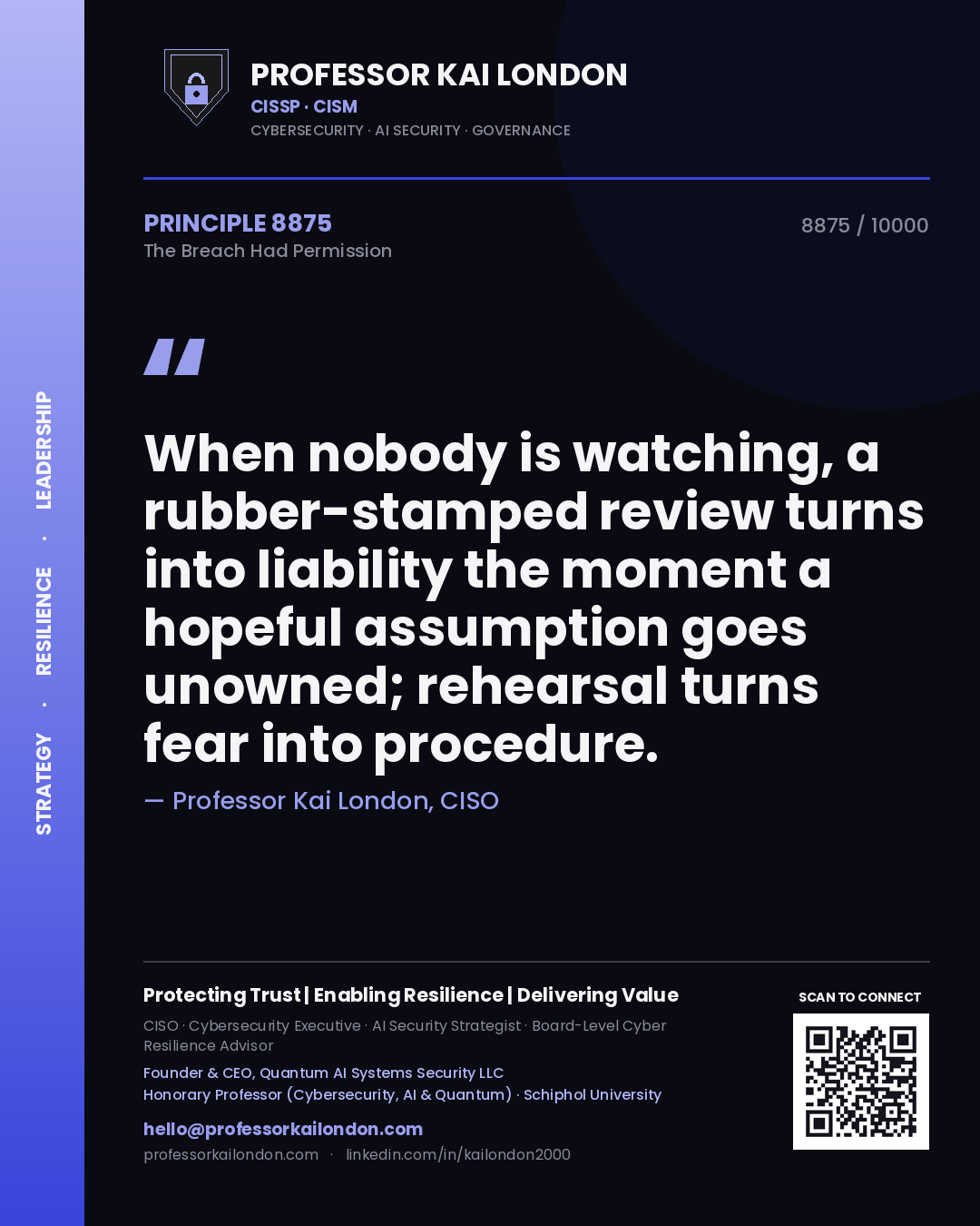 Professor Kai London principle 8875: When nobody is watching, a rubber-stamped review turns into liability the moment a hopeful assumption goes unowned; rehearsal turns fear into procedure.