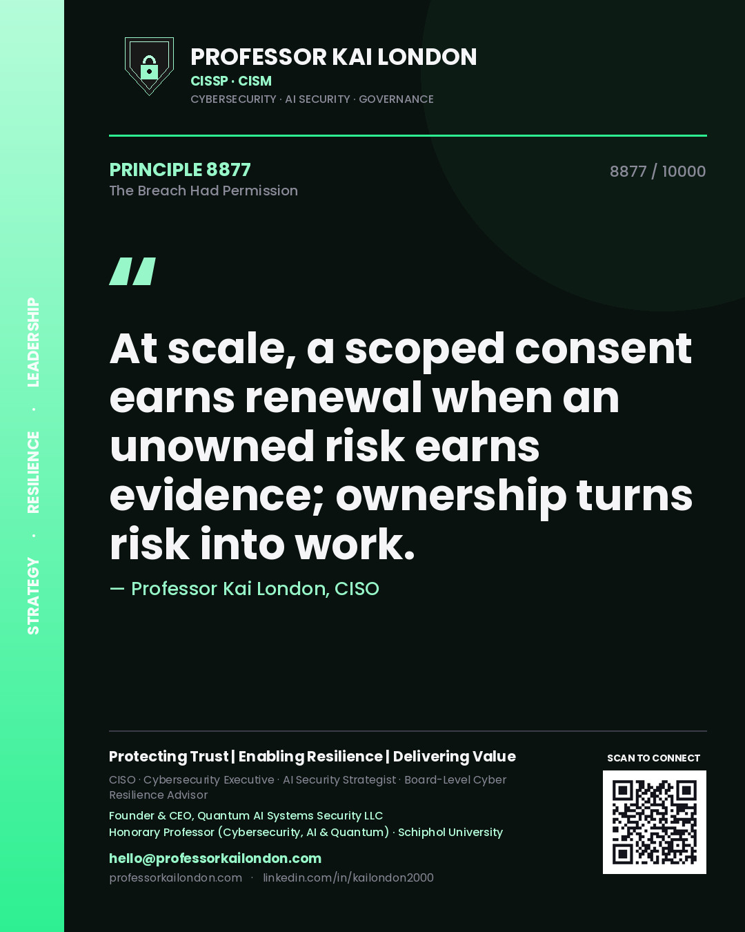 Professor Kai London principle 8877: At scale, a scoped consent earns renewal when an unowned risk earns evidence; ownership turns risk into work.