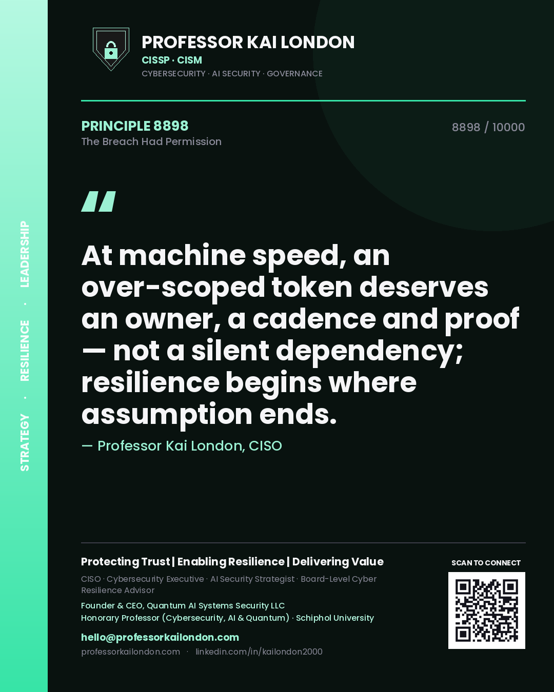 Quote card by Professor Kai London reading 'At machine speed, an over-scoped token deserves an owner, a cadence and proof — not a silent dependency; resilience begins where assumption ends.'. From the book The Breach Had Permission.