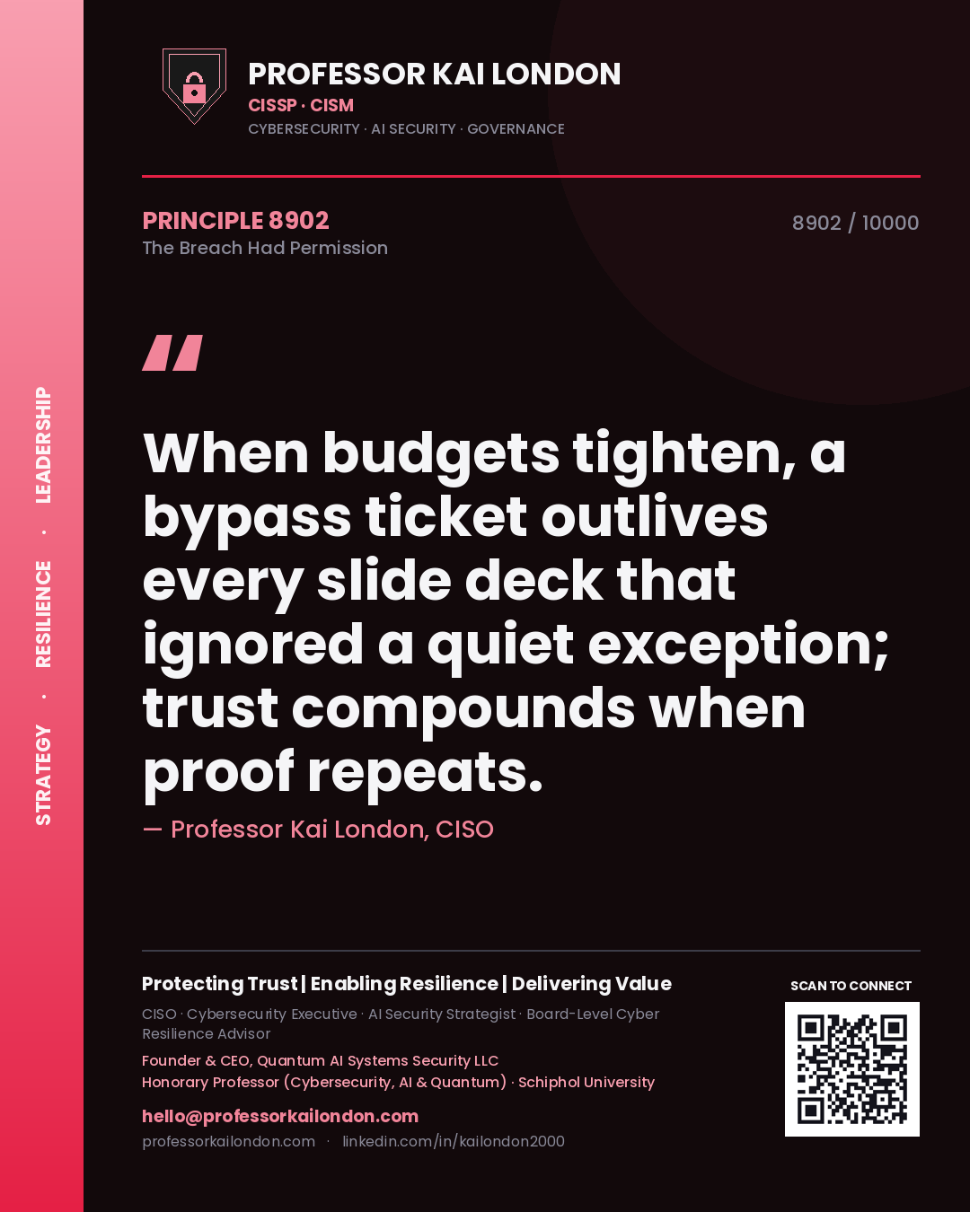 Quote card by Professor Kai London reading 'When budgets tighten, a bypass ticket outlives every slide deck that ignored a quiet exception; trust compounds when proof repeats.'. From the book The Breach Had Permission.