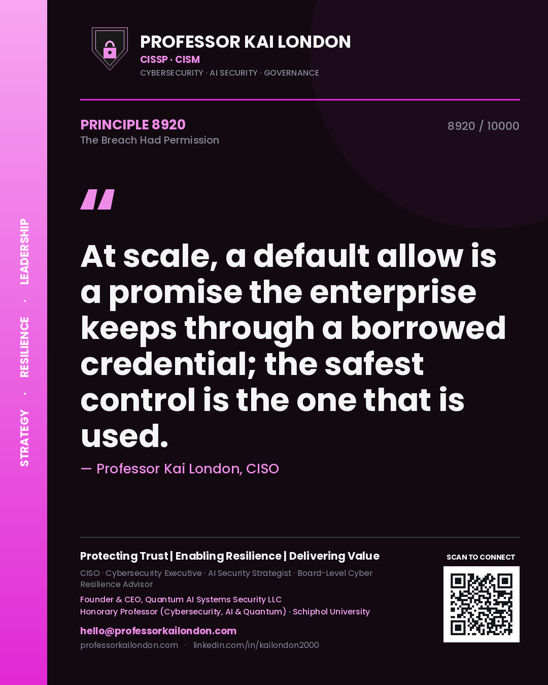 Quote card by Professor Kai London reading 'At scale, a default allow is a promise the enterprise keeps through a borrowed credential; the safest control is the one that is used.'. From the book The Breach Had Permission.