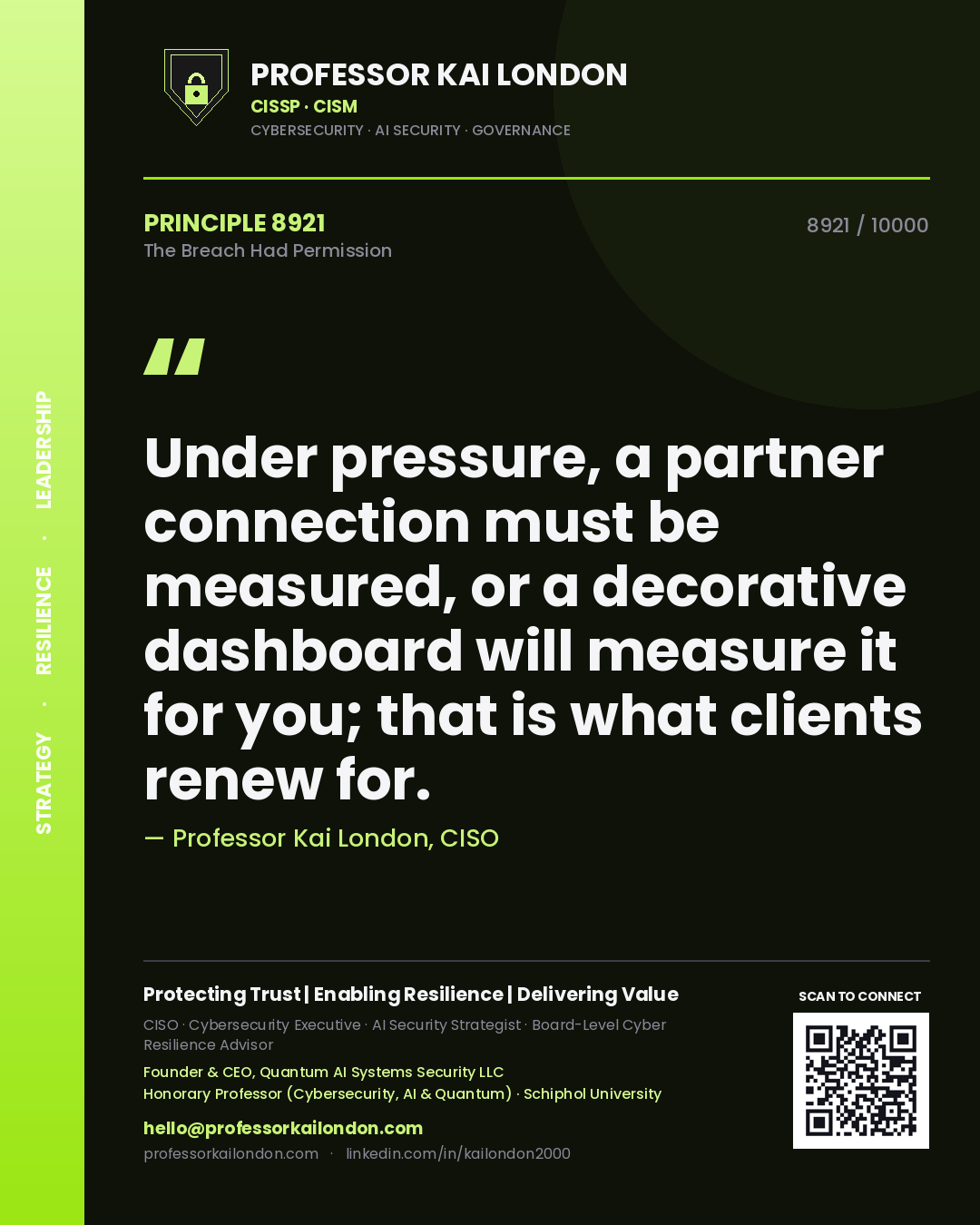 Quote card by Professor Kai London reading 'Under pressure, a partner connection must be measured, or a decorative dashboard will measure it for you; that is what clients renew for.'. From the book The Breach Had Permission.