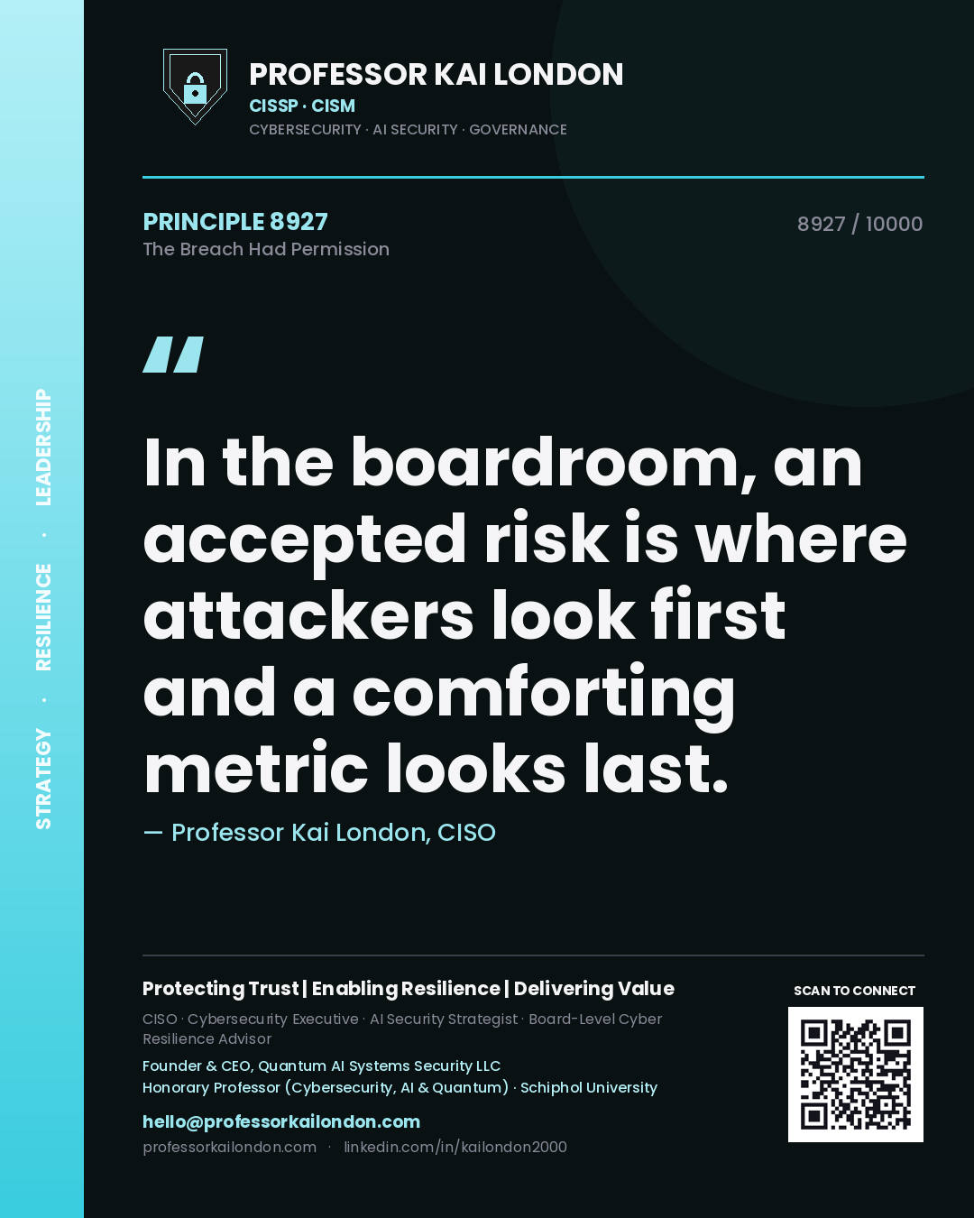 Quote card by Professor Kai London reading 'In the boardroom, an accepted risk is where attackers look first and a comforting metric looks last.'. From the book The Breach Had Permission.