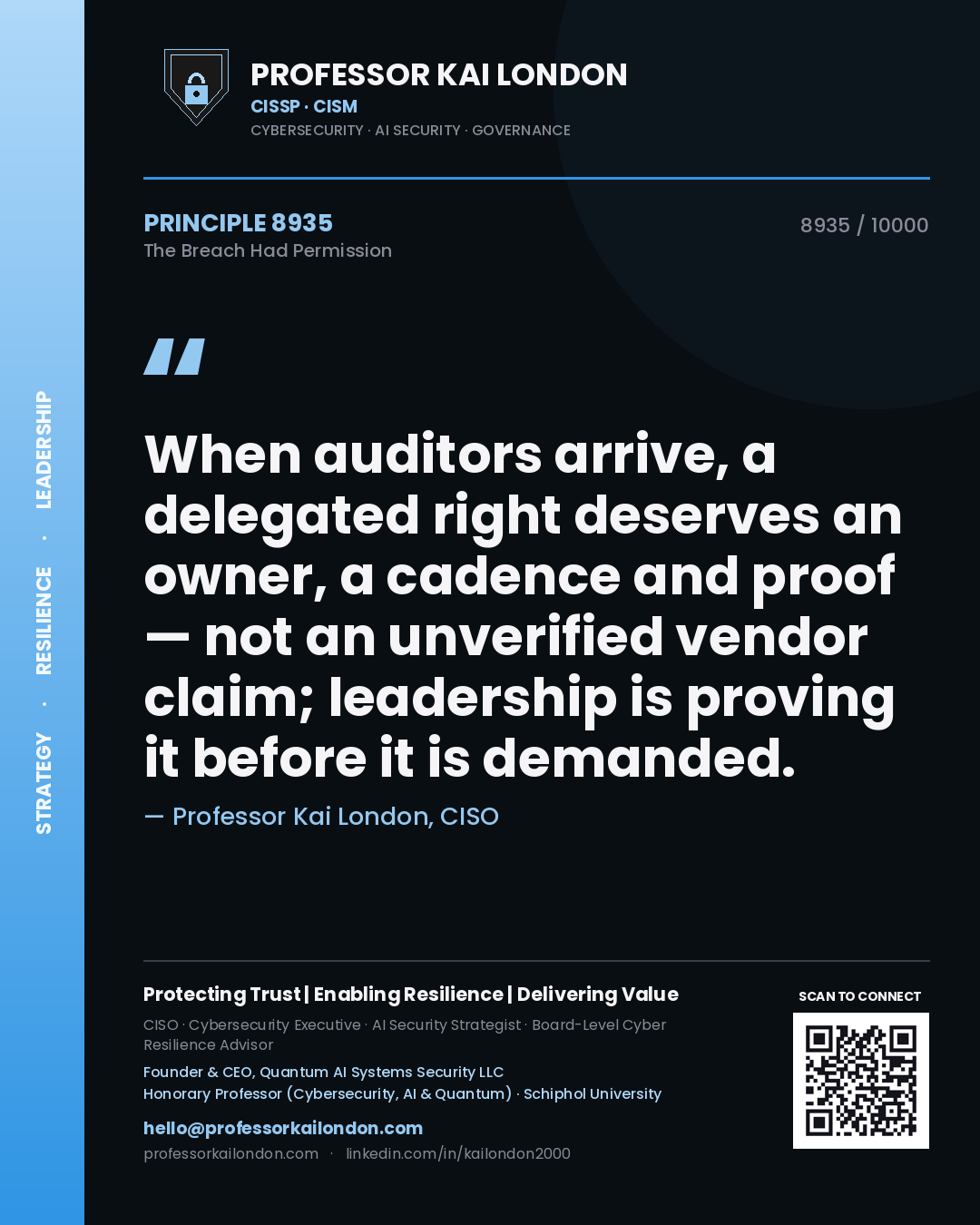 Quote card by Professor Kai London reading 'When auditors arrive, a delegated right deserves an owner, a cadence and proof — not an unverified vendor claim; leadership is proving it before it is demanded.'. From the book The Breach Had Permission.