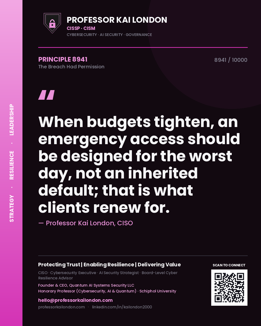 Professor Kai London principle 8941: When budgets tighten, an emergency access should be designed for the worst day, not an inherited default; that is what clients renew for.