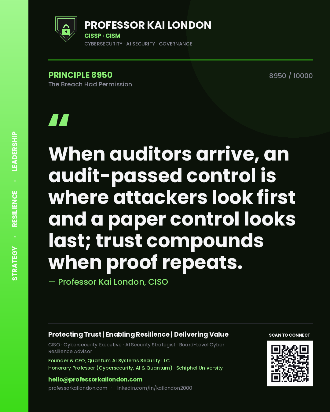 Quote card by Professor Kai London reading 'When auditors arrive, an audit-passed control is where attackers look first and a paper control looks last; trust compounds when proof repeats.'. From the book The Breach Had Permission.