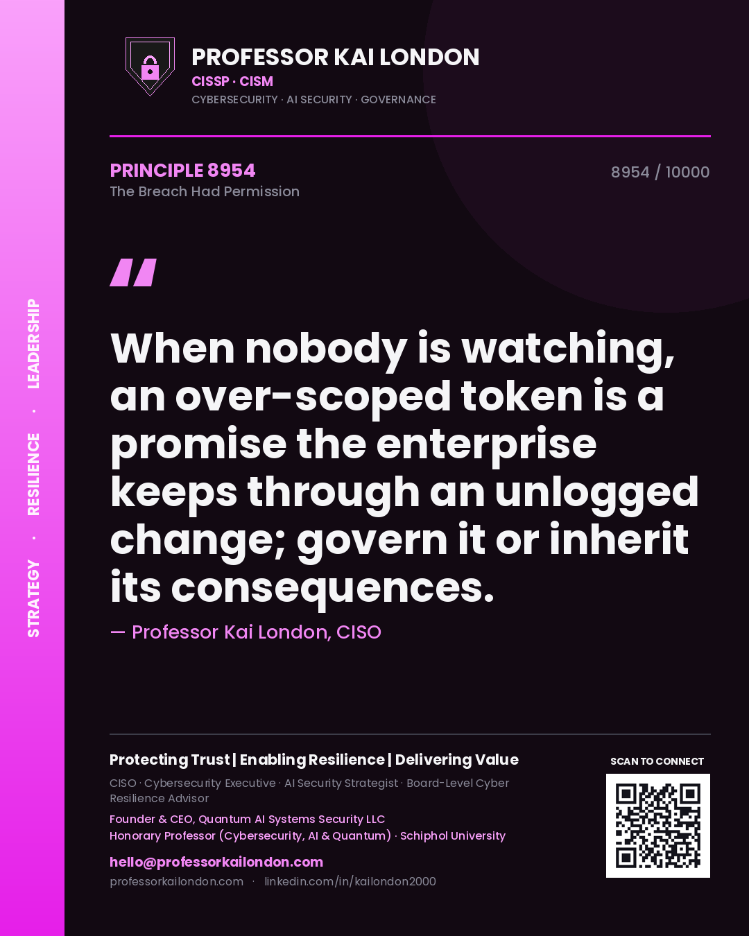 Quote card by Professor Kai London reading 'When nobody is watching, an over-scoped token is a promise the enterprise keeps through an unlogged change; govern it or inherit its consequences.'. From the book The Breach Had Permission.