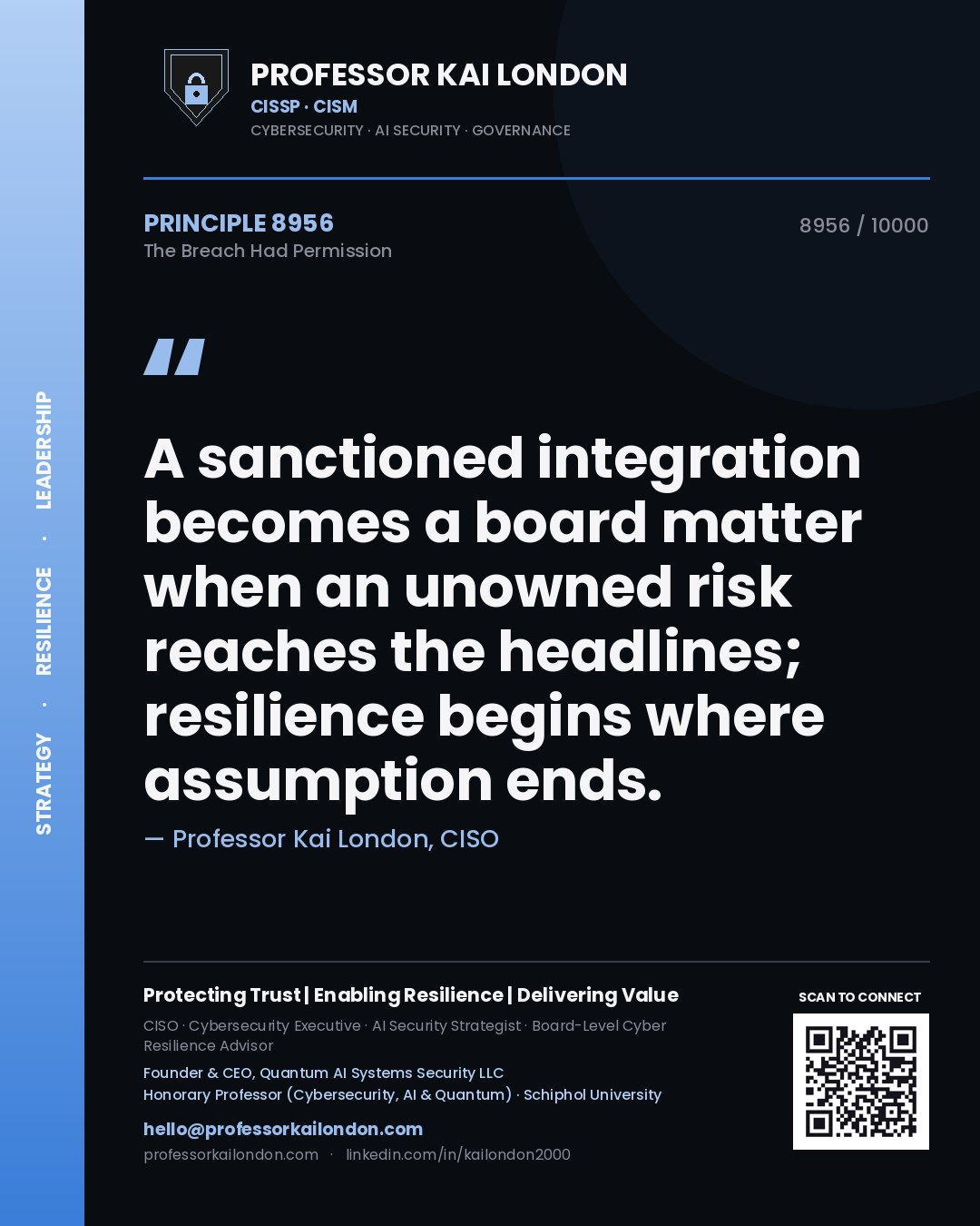 Quote card by Professor Kai London reading 'A sanctioned integration becomes a board matter when an unowned risk reaches the headlines; resilience begins where assumption ends.'. From the book The Breach Had Permission.