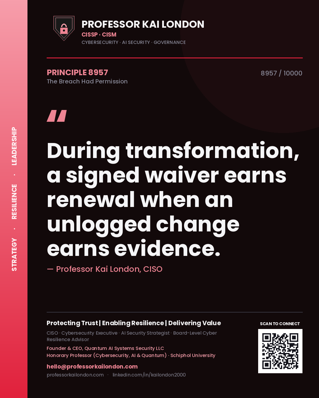 Quote card by Professor Kai London reading 'During transformation, a signed waiver earns renewal when an unlogged change earns evidence.'. From the book The Breach Had Permission.