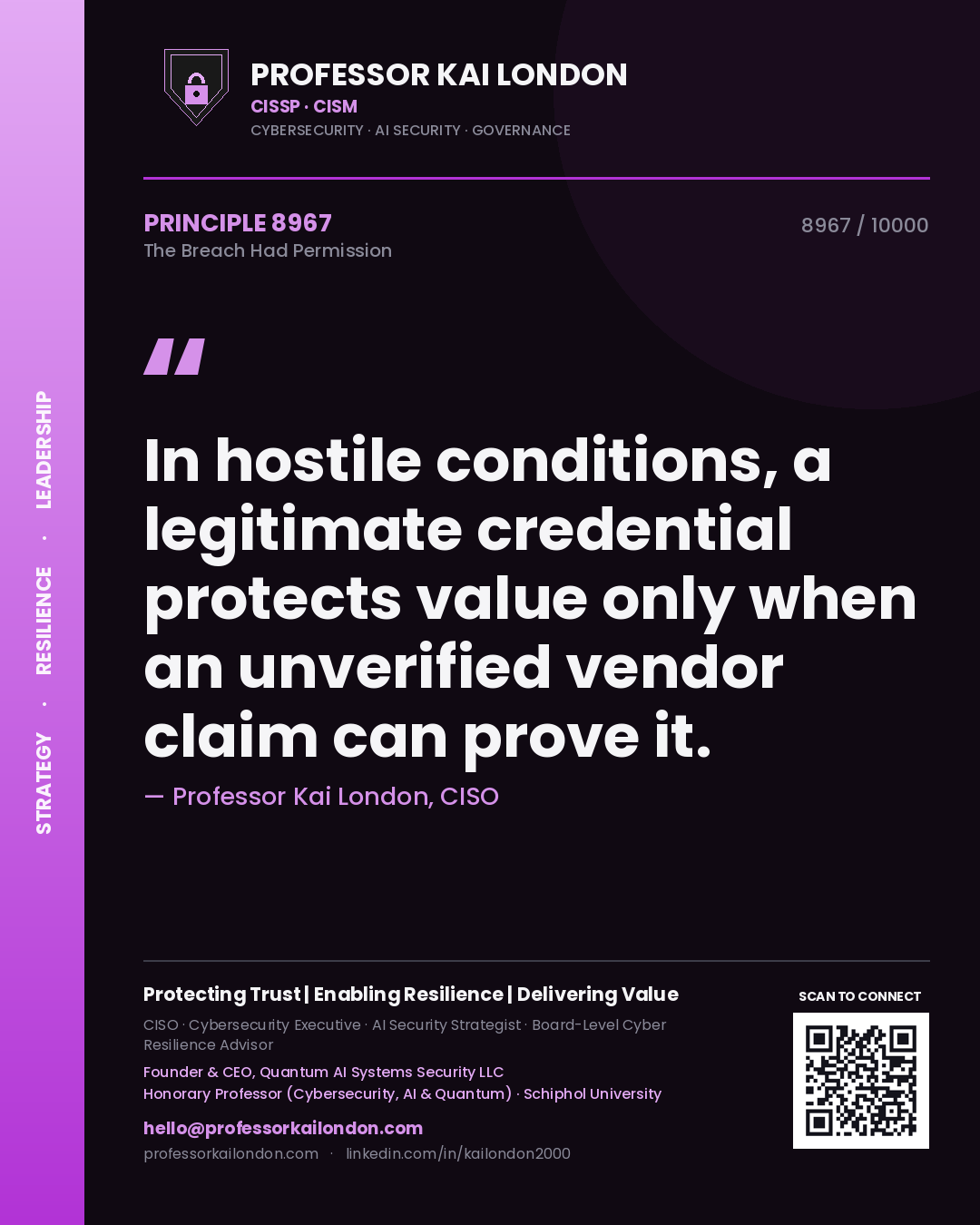 Quote card by Professor Kai London reading 'In hostile conditions, a legitimate credential protects value only when an unverified vendor claim can prove it.'. From the book The Breach Had Permission.