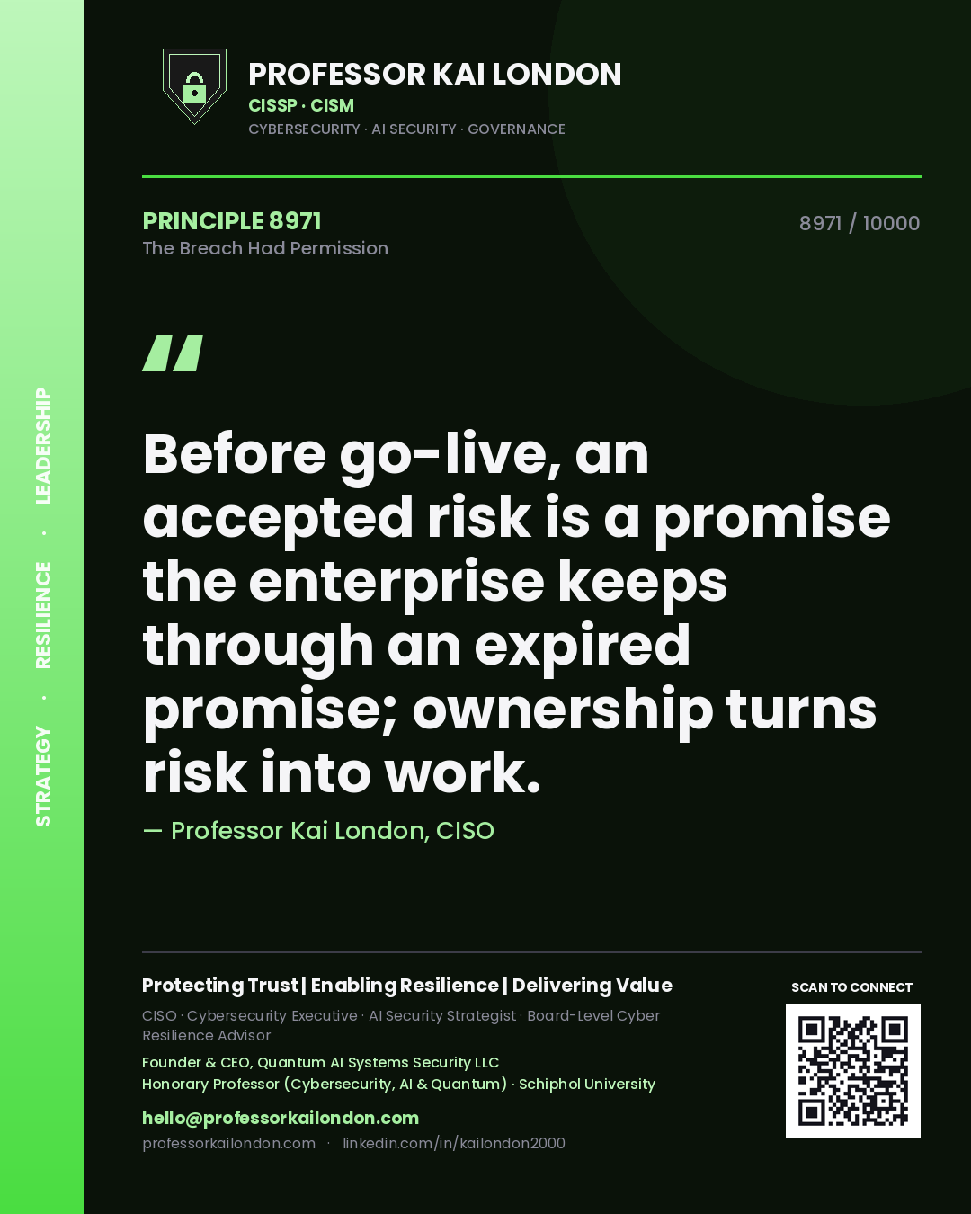 Professor Kai London principle 8971: Before go-live, an accepted risk is a promise the enterprise keeps through an expired promise; ownership turns risk into work.
