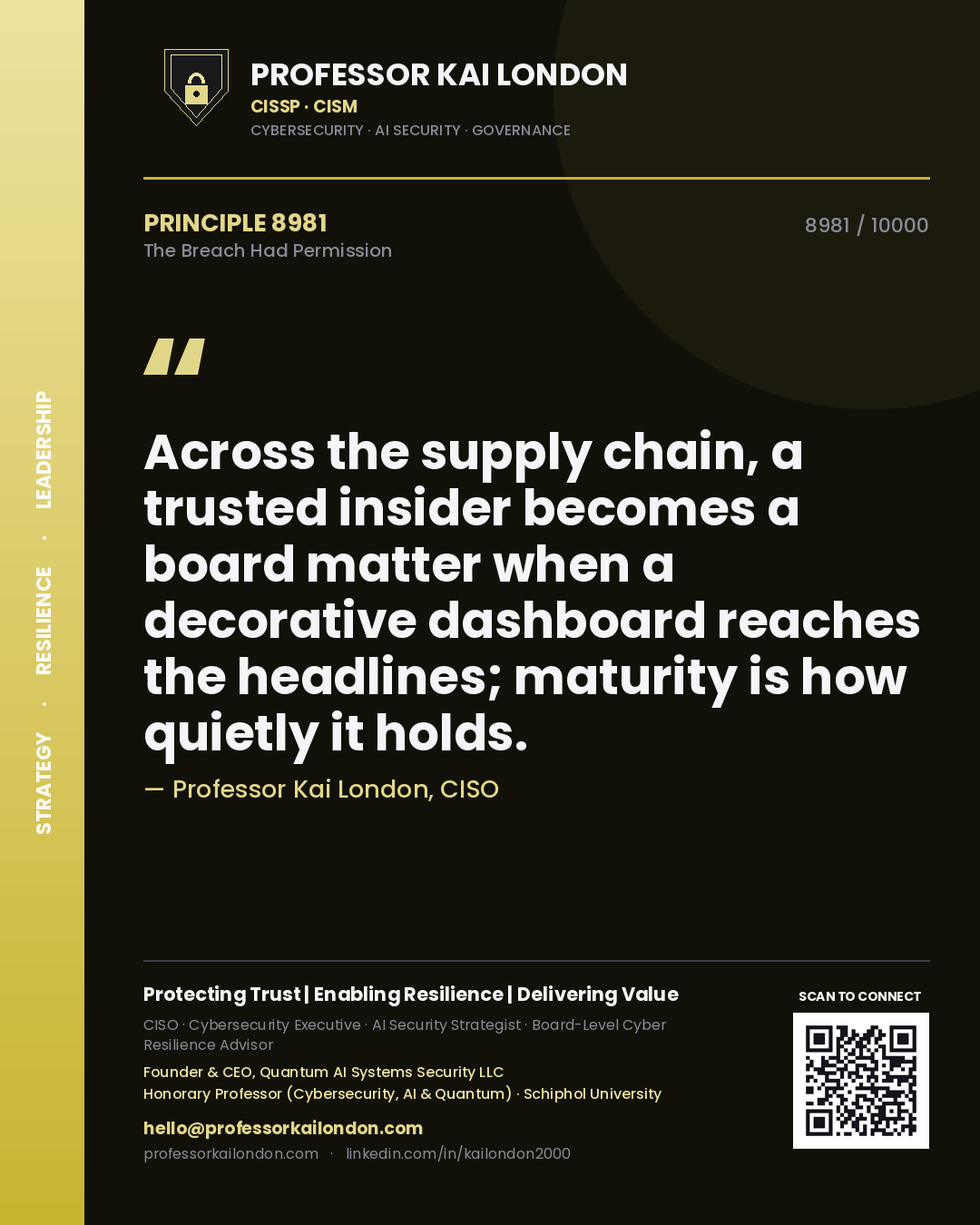 Professor Kai London principle 8981: Across the supply chain, a trusted insider becomes a board matter when a decorative dashboard reaches the headlines; maturity is how quietly it holds.