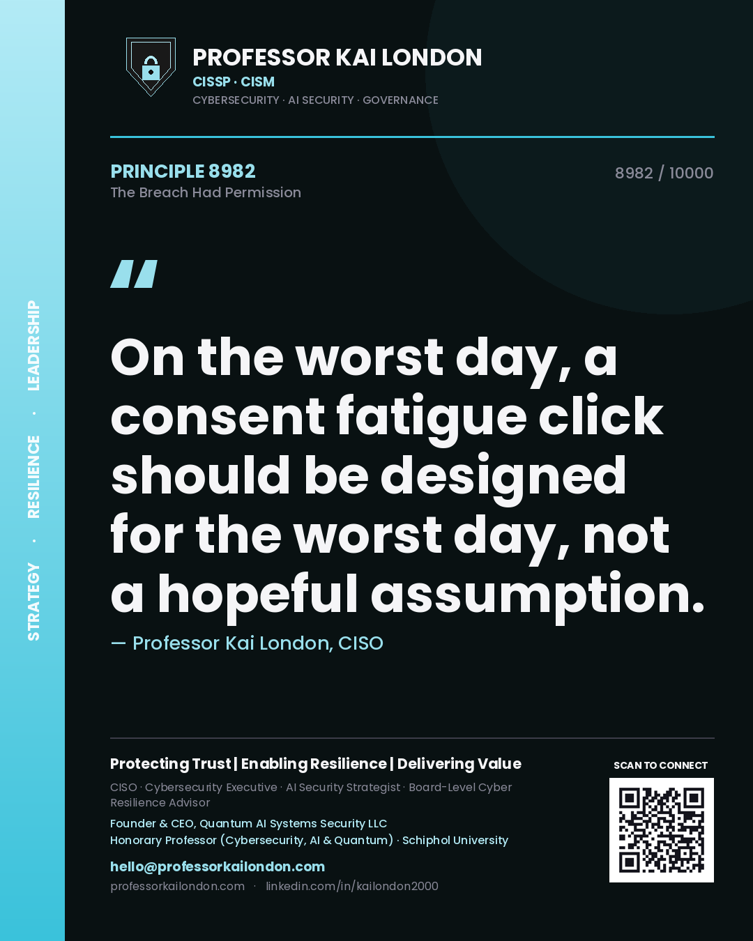 Quote card by Professor Kai London reading 'On the worst day, a consent fatigue click should be designed for the worst day, not a hopeful assumption.'. From the book The Breach Had Permission.